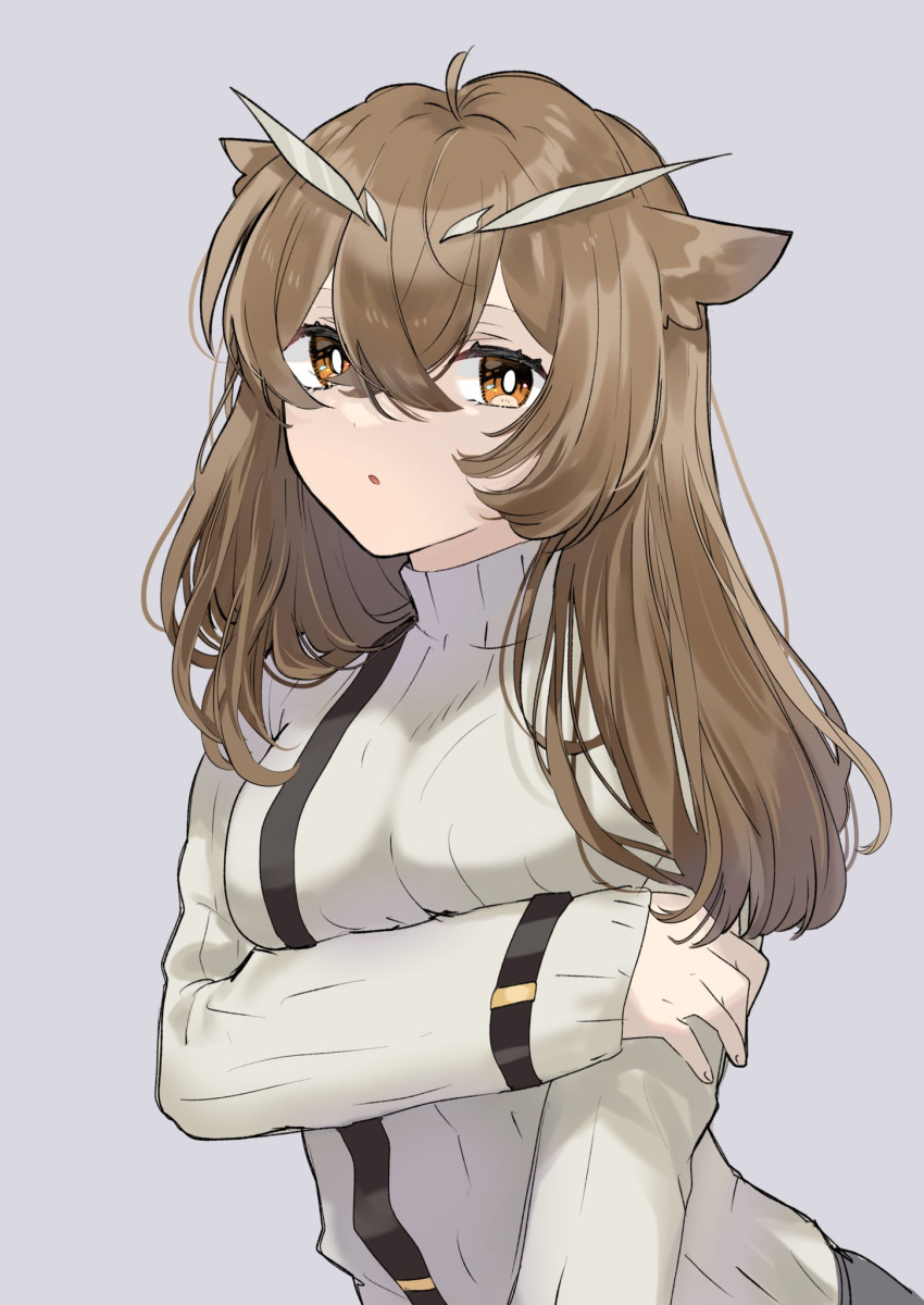 1girl arknights arm_across_chest arm_grab arm_under_breasts breasts brown_hair commentary_request grey_background hair_between_eyes highres long_hair long_sleeves looking_at_viewer medium_breasts miyachi_(tanya_visha) orange_eyes ribbed_sweater silence_(arknights) simple_background sleeves_past_wrists solo sweater turtleneck turtleneck_sweater upper_body white_sweater