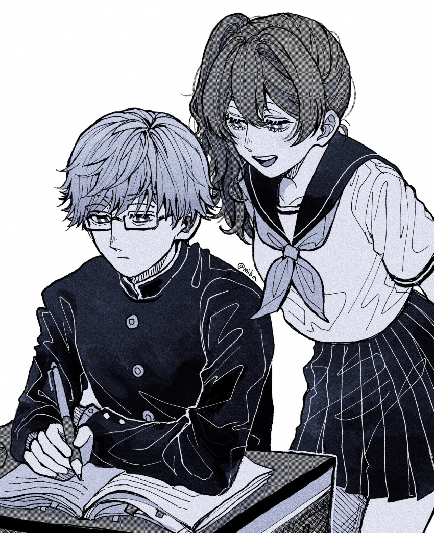 1boy 1girl alternate_costume arms_behind_back book contemporary desk expressionless glasses hair_between_eyes highres holding holding_pen jacket land_(sousou_no_frieren) leaning_forward miba monochrome neckerchief open_book pen pleated_skirt sailor_collar school_desk school_uniform shirt short_sleeves side_ponytail sitting skirt smile sousou_no_frieren standing twitter_username ubel_(sousou_no_frieren) white_background