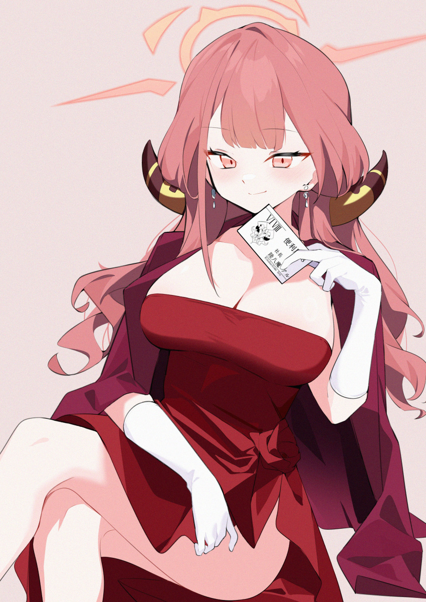 1girl absurdres aru_(blue_archive) aru_(dress)_(blue_archive) blue_archive blunt_bangs blush breasts business_card card cleavage collarbone crossed_legs demon_horns double-parted_bangs dress earrings feet_out_of_frame gloves halo hand_up highres holding holding_card horns jacket jacket_on_shoulders jewelry large_breasts long_hair looking_at_viewer open_clothes open_jacket pink_background red-framed_eyewear red_dress red_eyes red_jacket sitting solo strapless strapless_dress underbust wako_(1194433260) white_gloves