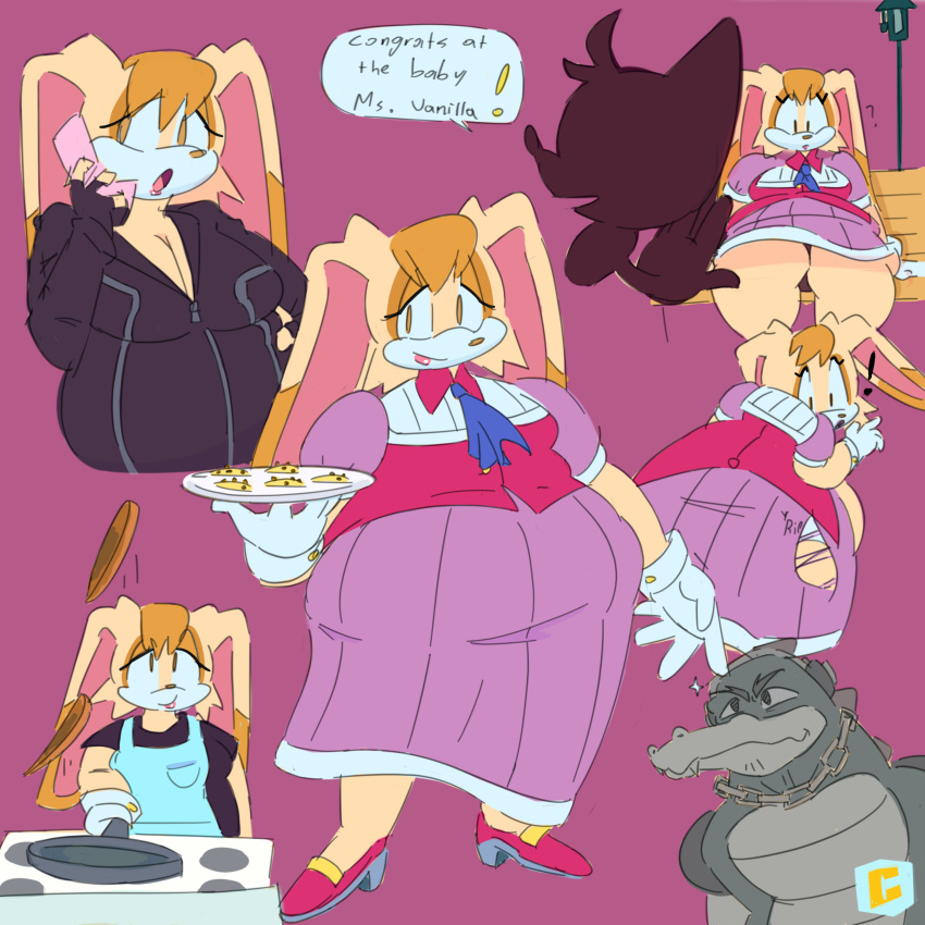 absurd_res anthro apron black_clothing black_eyelashes black_shirt black_topwear blue_cravat bodysuit breasts brown_eyes brown_nose cellphone chad_(meme) chain_necklace chubbik cleavage clothed clothing countershading cravat crocodile crocodilian crocodylid dipstick_ears dress duo ears_back ears_down electronics english_text eyelashes female flip_phone food footwear fur gloves hair handwear headphones hi_res high_heels humor jewelry lagomorph leporid long_ears mammal meme multicolored_ears multiple_images necklace orange_ears orange_hair overweight overweight_female pancake panties phone pink_clothing pink_footwear pink_high_heels pink_inner_ear pivoted_ears purple_background purple_clothing purple_dress rabbit reptile scalie sega shirt short_hair simple_background skinsuit sonic_the_hedgehog_(series) standing tan_body tan_ears tan_fur text thick_thighs tight_clothing topwear torn_clothing two_tone_ears underwear vanilla_the_rabbit vector_the_crocodile wardrobe_malfunction white_body white_clothing white_countershading white_fur white_gloves white_handwear white_panties white_underwear wide_hips