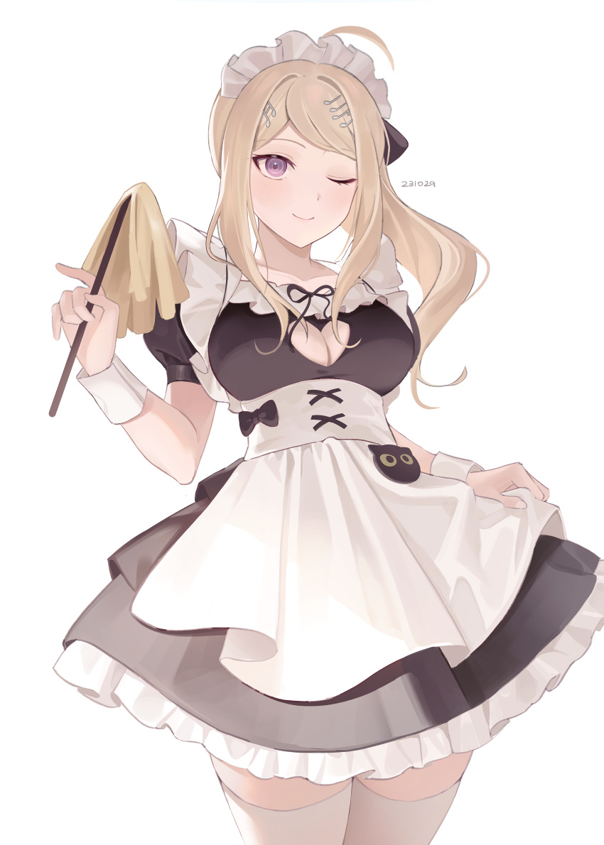 1girl ;) absurdres ahoge akamatsu_kaede alternate_costume apron black_dress black_ribbon blonde_hair breasts cleavage_cutout clothing_cutout cowboy_shot danganronpa_(series) danganronpa_v3:_killing_harmony dated dress enmaided frilled_dress frills hand_up highres holding keke_(xfxyuio) long_hair looking_at_viewer lumishen maid neck_ribbon one_eye_closed ponytail purple_eyes ribbon smile solo thighhighs waist_apron white_thighhighs wrist_cuffs zettai_ryouiki