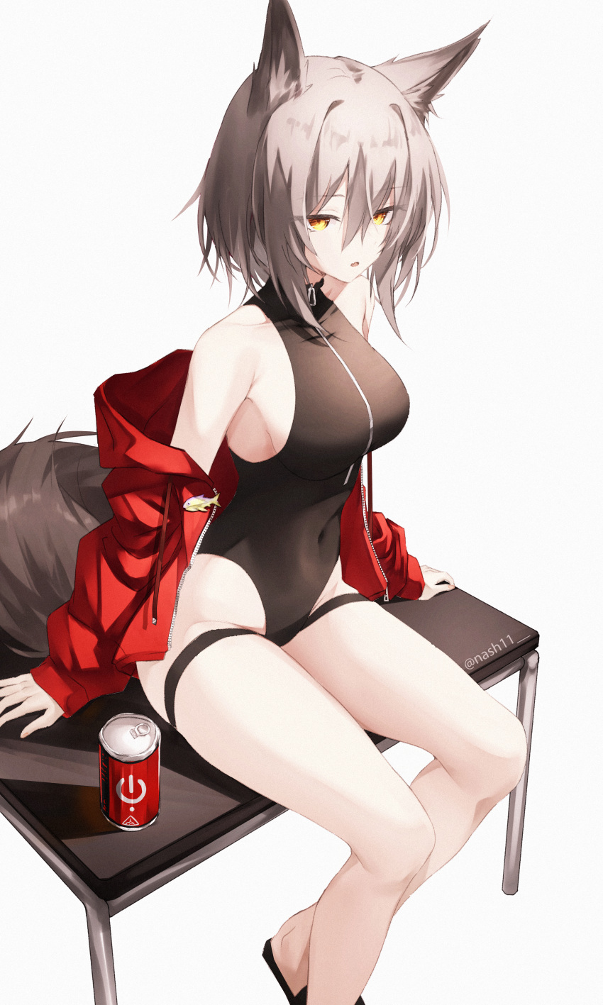 1girl absurdres animal_ears arknights bare_shoulders commentary feet_out_of_frame grey_hair highres jacket long_sleeves nash11 official_alternate_costume one-piece_swimsuit open_clothes open_jacket parted_lips projekt_red_(arknights) projekt_red_(light_breeze)_(arknights) red_jacket sitting soda solo swimsuit tail thigh_strap wolf_ears wolf_girl wolf_tail yellow_eyes zipper