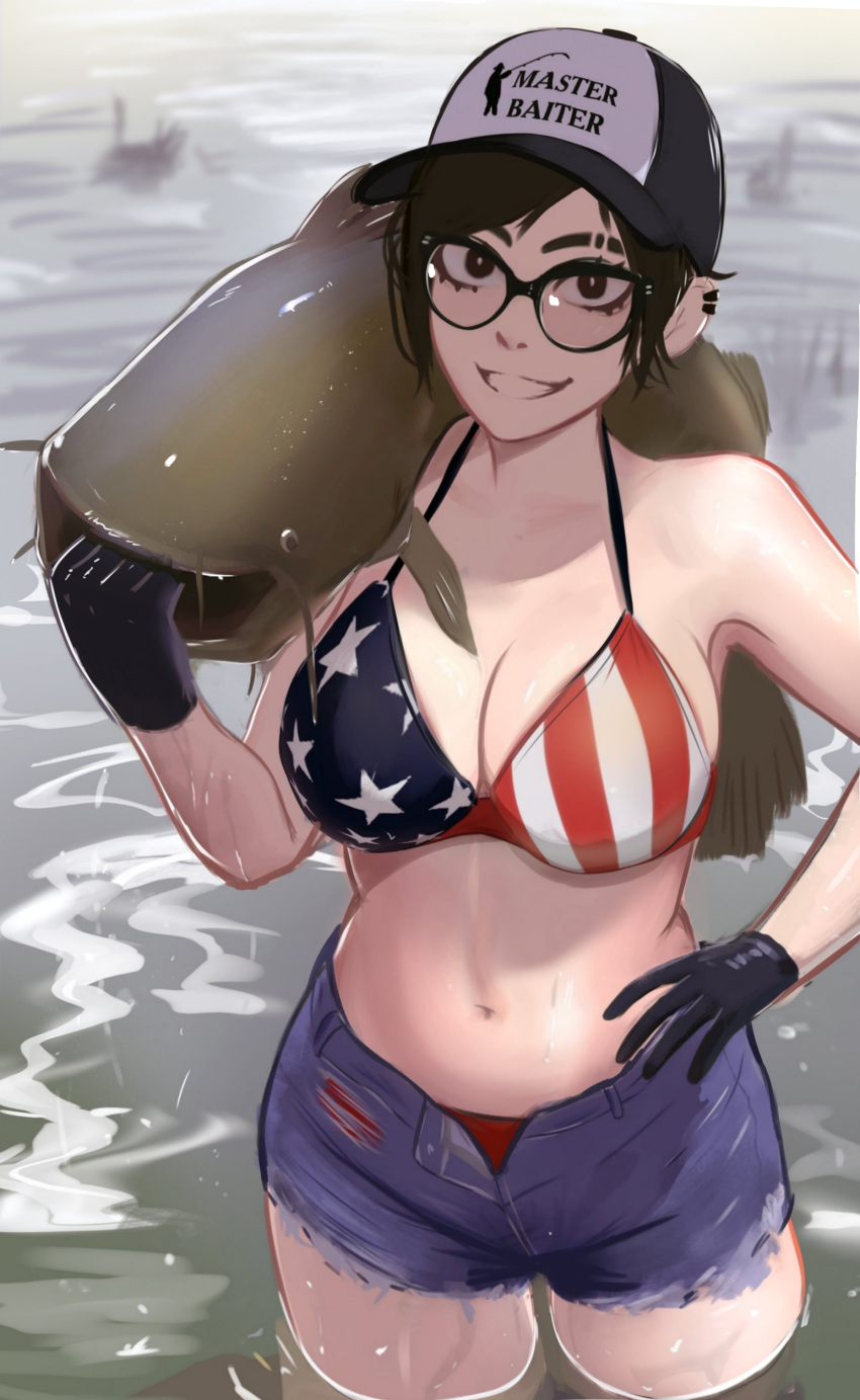 1girl absurdres american_flag american_flag_bikini american_flag_print animal baseball_cap bikini black-framed_eyewear black_eyes black_gloves black_hair breasts catfish cleavage cowboy_shot denim denim_shorts eyebrow_cut fish fishing flag_print glasses gloves hand_on_own_hip happy hat highres holding holding_animal holding_fish large_breasts linea_alba looking_at_viewer navel original outdoors print_headwear river short_hair shorts sidelocks smile standing swimsuit teeth veyonis wading water wet wet_clothes