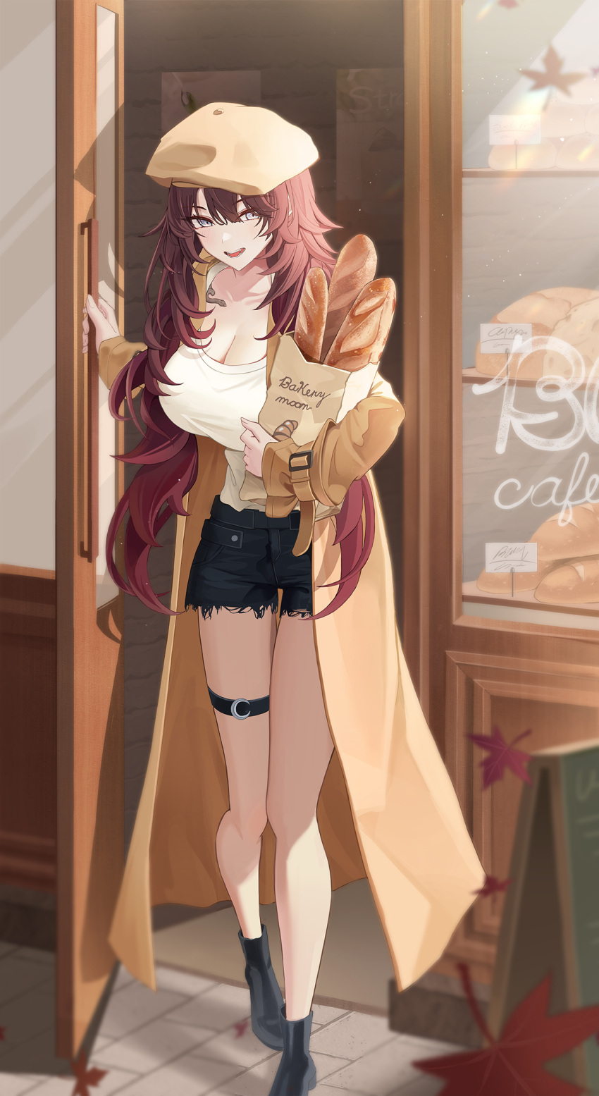 1girl bag beret black_footwear black_shorts blanc_(blanc97) bread breasts cleavage coat food hat highres holding holding_bag large_breasts long_hair open_clothes open_coat open_door original red_hair short_shorts shorts sign sleeves_past_wrists storefront thigh_strap white_tail