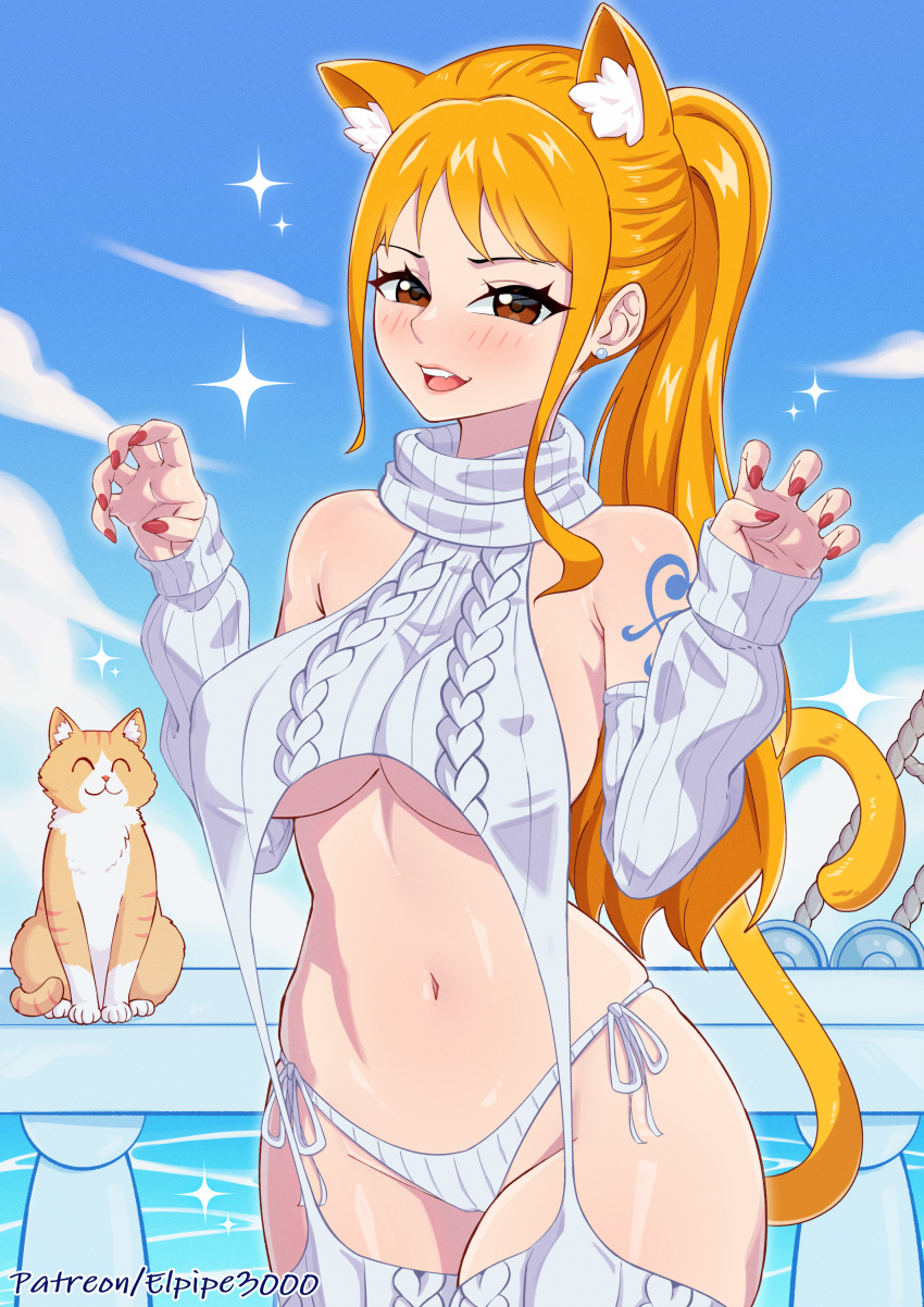 1girl absurdres alternate_costume animal_ears artist_name asymmetrical_bangs bare_shoulders blue_sky blush breasts brown_eyes cat cat_ears cat_girl cat_tail cloud day detached_sleeves earrings elpipe_3000 grey_sleeves grey_sweater highres jewelry large_breasts long_hair looking_at_viewer meme_attire nami_(one_piece) navel one_piece open_mouth orange_hair orange_tail outdoors panties patreon_username paw_pose ponytail red_nails ribbed_sleeves shoulder_tattoo side-tie_panties sky sweater tail tattoo teeth underboob underwear upper_teeth_only virgin_destroyer_sweater water web_address