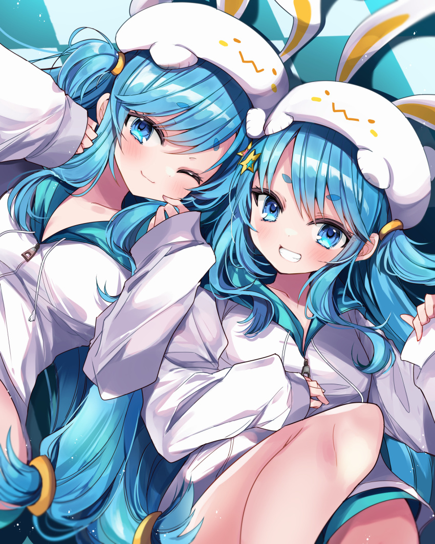 2girls animal_hat bemani blue_eyes blue_hair blue_hood commentary grin hair_ornament hat highres hood hoodie kasane_(cynthia) light_blush long_hair long_sleeves looking_at_viewer multiple_girls near_(sound_voltex) noah_(sound_voltex) rabbit_hat short_eyebrows siblings sisters smile sound_voltex star_(symbol) star_hair_ornament symbol-only_commentary tilted_headwear twins twintails white_headwear white_hoodie