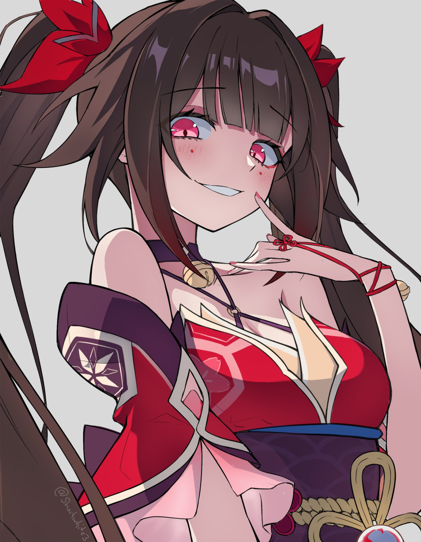 1girl :d bell black_choker blush bow breasts brown_hair choker cleavage criss-cross_halter dress eyeliner finger_to_mouth gradient_hair grin hair_bow hair_intakes halterneck highres honkai:_star_rail honkai_(series) large_breasts long_hair looking_at_viewer makeup multicolored_hair nail_polish neck_bell o-ring obi open_mouth red_bow red_dress red_eyeliner red_hair red_nails sash shockwhite3 sidelocks simple_background sleeveless sleeveless_dress smile solo sparkle_(honkai:_star_rail) teeth twintails upper_body white_background