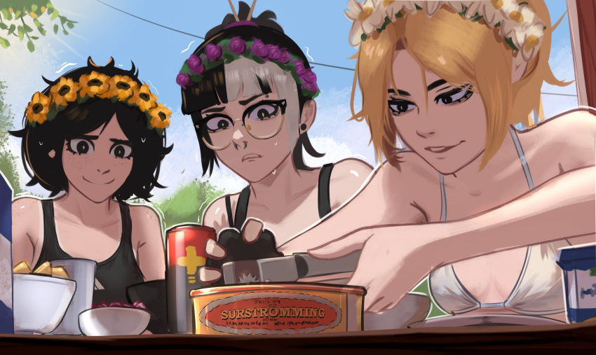 3girls bikini black_eyes black_hair black_sports_bra blonde_hair blue_sky can can_opener drink_can flat_chest flower_wreath freckles glasses hair_ornament hair_stick highres jessie_(veyonis) messy_hair mika_(veyonis) multiple_girls nervous nervous_smile nervous_sweating opening_can original outdoors parted_lips ponytail sky smile sports_bra strap_slip surstromming sweat swimsuit tomboy trembling veyonis white_bikini yuna_(veyonis)