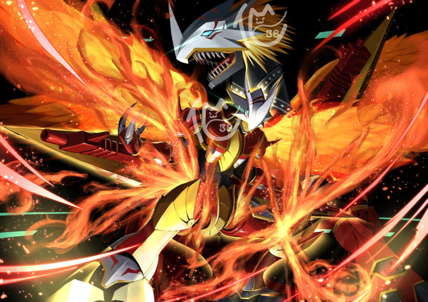 ancientgreymon arm_cannon artist_logo bakeneko38 blonde_hair blue_eyes commission dark_background digimon digimon_(creature) dragon feathered_wings fiery_wings fire highres sharp_teeth short_hair skeb_commission spiked_hair teeth vritramon watermark weapon wings