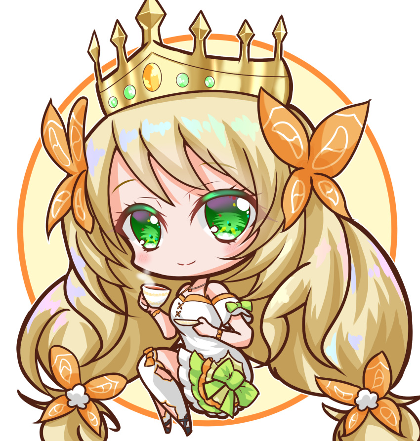 1girl bare_shoulders blonde_hair bow butterfly_hair_ornament celine_(fire_emblem) chibi chibi_only closed_mouth crown cup dress fire_emblem fire_emblem_engage full_body green_bow green_eyes griffonmask11 hair_ornament highres holding holding_cup holding_plate long_hair official_alternate_costume orange_bow plate smile solo teacup thighhighs very_long_hair white_dress white_thighhighs