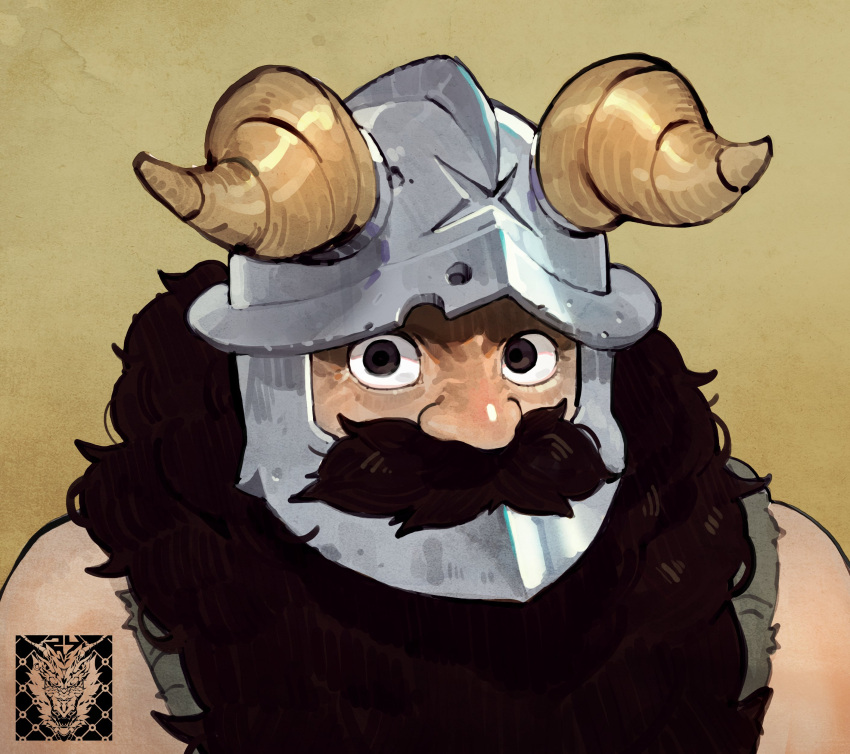 1boy absurdres beard brown_hair dungeon_meshi dwarf facial_hair fake_horns helmet highres horned_helmet horns long_beard looking_at_viewer male_focus mar10 portrait senshi_(dungeon_meshi) solo thick_mustache very_long_beard wrinkled_skin