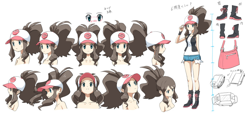 1girl absurdres antenna_hair asamaru1225 baseball_cap black_footwear black_socks black_vest black_wristband boots brown_hair closed_mouth collarbone commentary_request exposed_pocket hand_on_headwear hand_up hat high_ponytail highres hilda_(pokemon) knees long_hair multiple_views open_clothes open_vest poke_ball_print pokemon pokemon_bw reference_sheet shirt short_shorts shorts sidelocks sleeveless sleeveless_shirt socks standing vest white_background white_headwear white_shirt