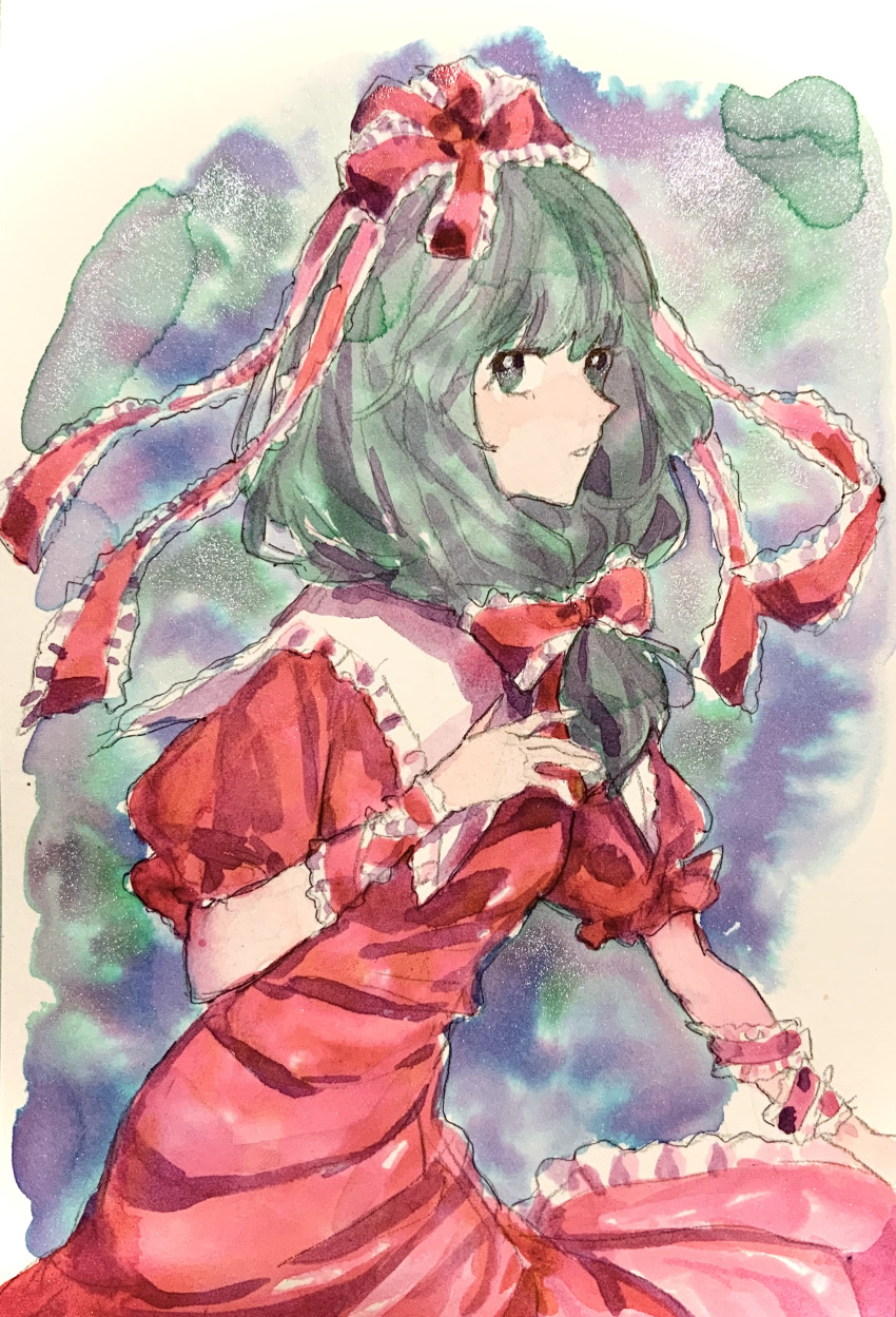 1girl absurdres arm_ribbon bow dress frilled_bow frilled_dress frilled_ribbon frills front_ponytail green_eyes green_hair hair_bow hair_ribbon highres kagiyama_hina navybluesparrow one-hour_drawing_challenge painting_(medium) puffy_short_sleeves puffy_sleeves red_bow red_dress red_ribbon ribbon short_sleeves solo touhou traditional_media watercolor_(medium)