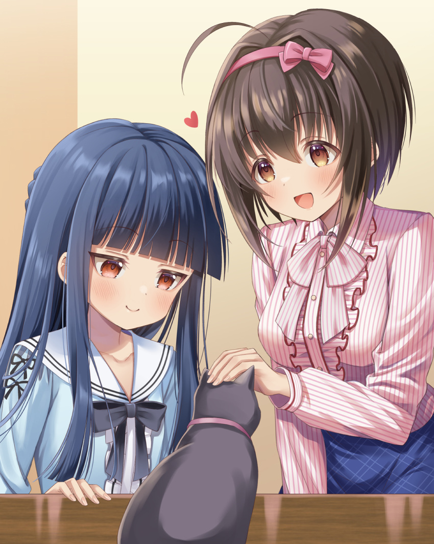 2girls ahoge black_cat blue_bow blue_bowtie blue_hair blue_ribbon blue_shirt blue_skirt blunt_bangs blush bow bowtie braid breasts brown_eyes brown_hair cat center_frills closed_mouth collarbone commentary french_braid frilled_shirt frills hair_intakes hairband heart hibiki_tohru highres idolmaster idolmaster_cinderella_girls jitome kohinata_miho long_hair multiple_girls open_mouth pero_(idolmaster_cinderella_girls) petting pink_bow pink_bowtie pink_hairband pink_shirt plaid plaid_skirt red_eyes ribbon sailor_collar sajo_yukimi shirt short_hair_with_long_locks sidelocks skirt smile striped_bow striped_bowtie striped_clothes striped_shirt table vertical-striped_clothes vertical-striped_shirt white_sailor_collar