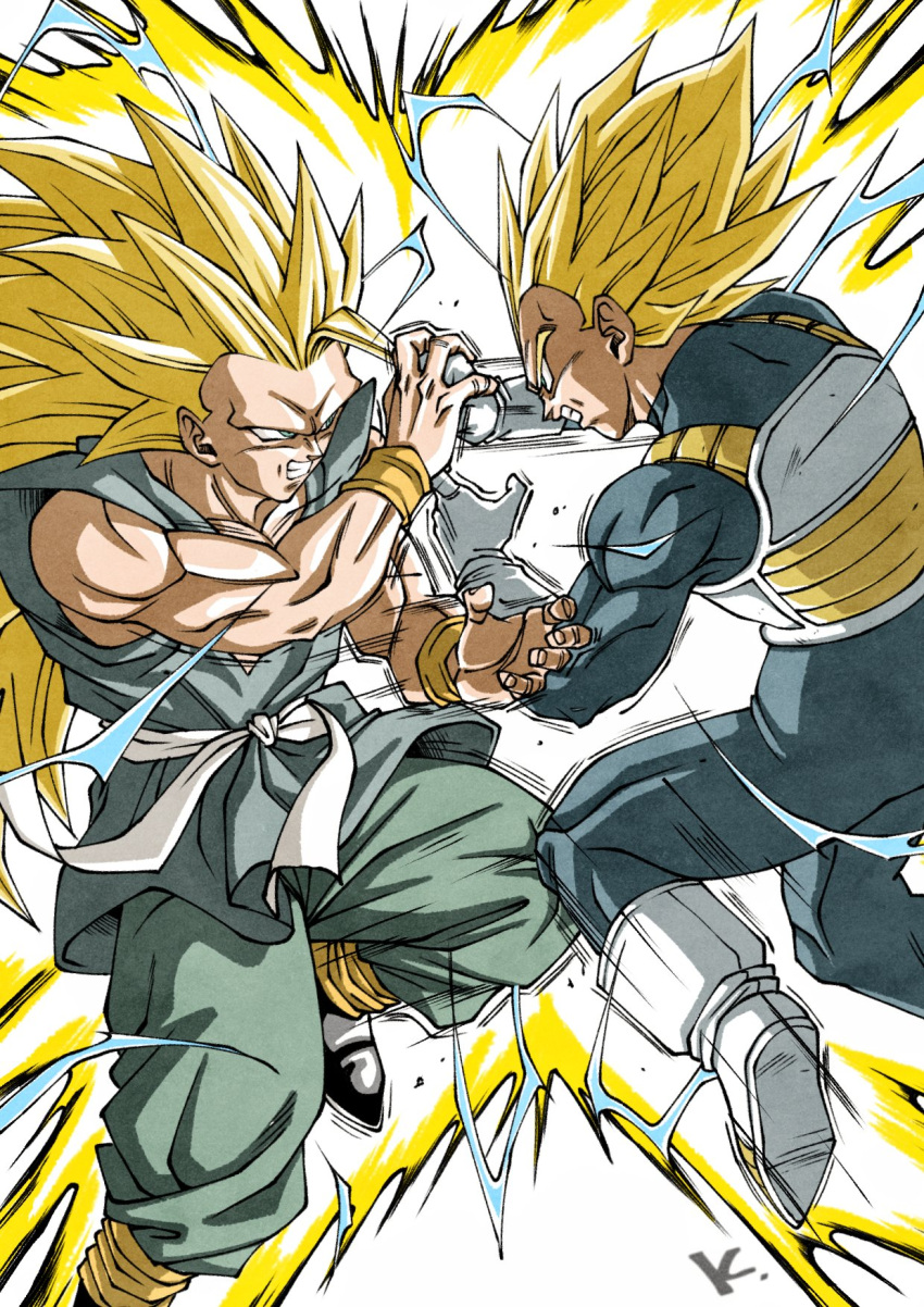 2boys armor aura blonde_hair bodysuit check_commentary clenched_teeth commentary_request dougi dragon_ball fighting forehead highres kakeru_(dbskakeru) limited_palette long_hair medium_hair multiple_boys no_eyebrows son_goku spiked_hair super_saiyan super_saiyan_2 super_saiyan_3 teeth toriyama_akira_(style) vegeta