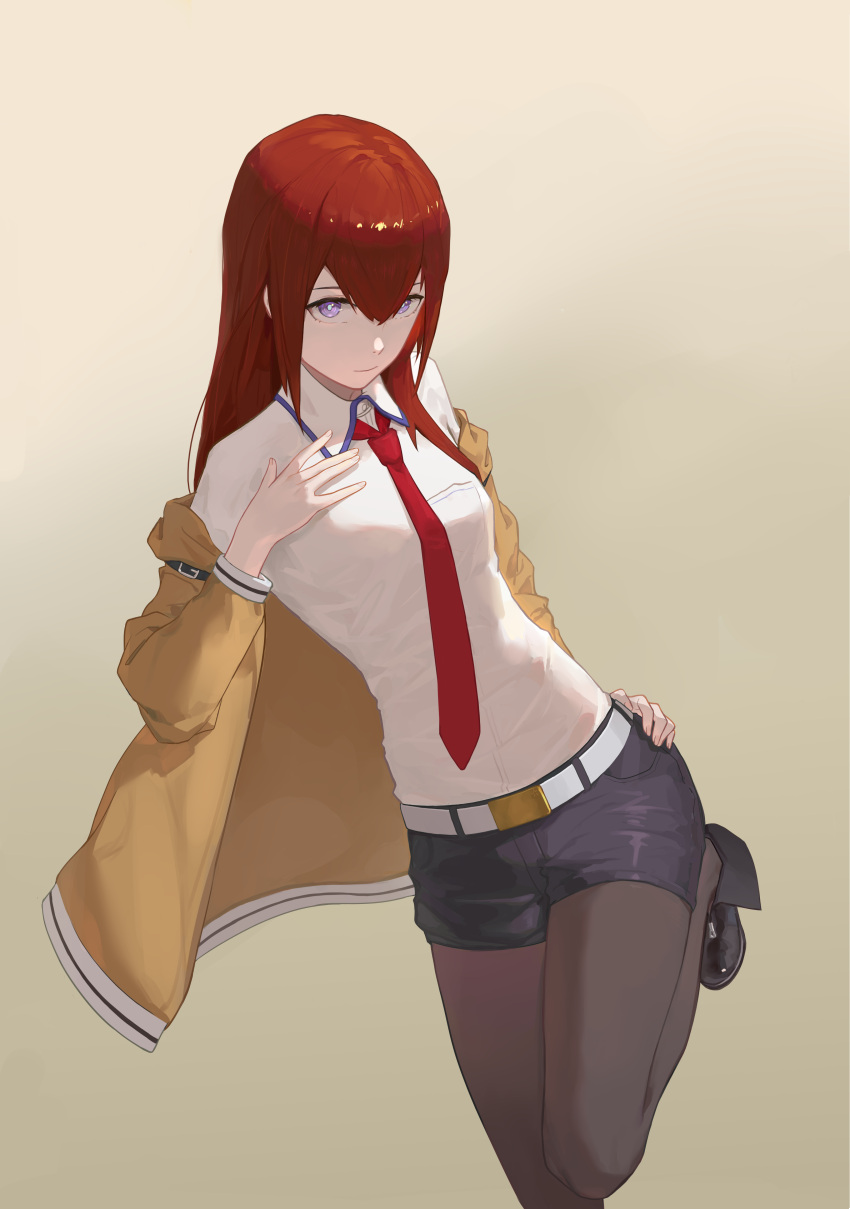 1girl absurdres belt black_shorts blue_eyes highres jacket long_hair looking_at_viewer makise_kurisu necktie non-web_source pantyhose red_hair shirt shorts solo steins;gate white_shirt