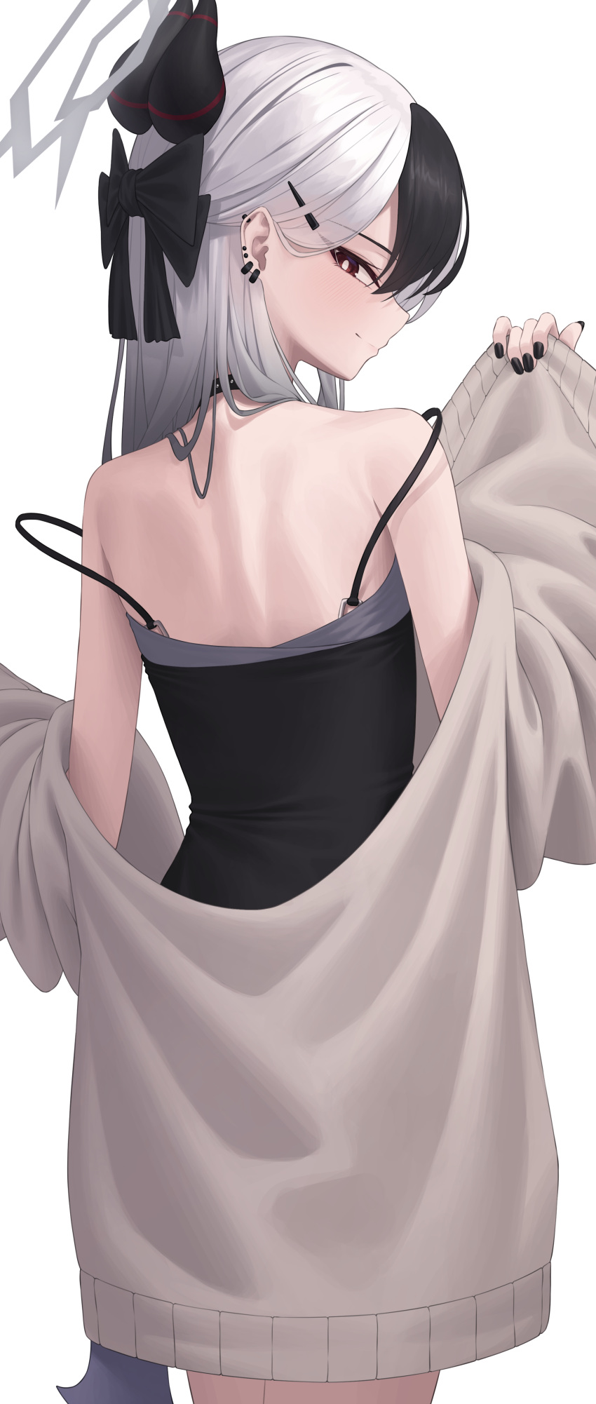 1girl absurdres back bintz black_dress black_hair black_horns black_nails blue_archive closed_mouth commentary_request demon_girl demon_horns double_strap_slip dress fingernails from_behind grey_hair grey_jacket halo highres horns jacket kayoko_(blue_archive) kayoko_(dress)_(blue_archive) looking_at_viewer looking_back multicolored_hair nail_polish off_shoulder official_alternate_costume official_alternate_hairstyle red_eyes simple_background sleeves_past_wrists smile solo streaked_hair white_background white_hair