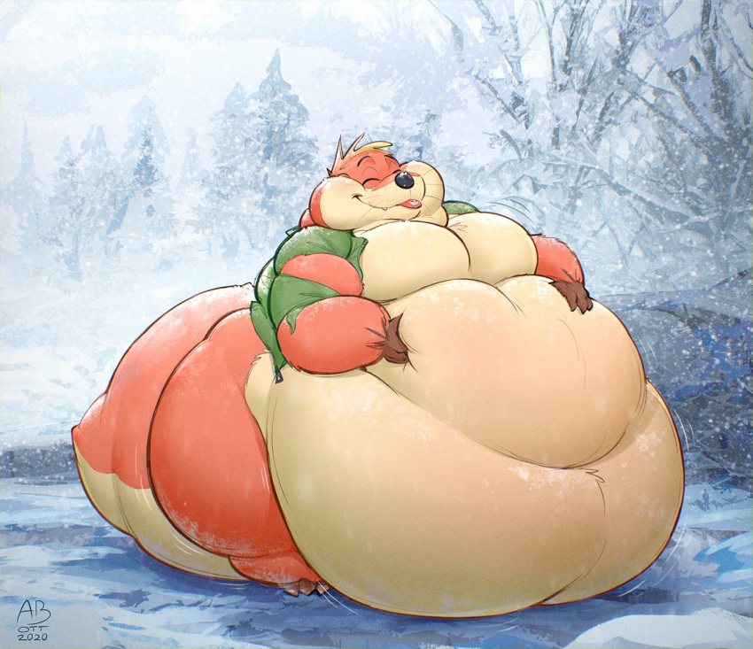 2020 abthegreat anthro attius_brightwater_(abthegreat) belly big_belly biped blep chubby_cheeks digital_media_(artwork) forest fur huge_belly male mammal moobs morbidly_obese morbidly_obese_anthro morbidly_obese_male mustelid obese obese_anthro obese_male orange_body orange_fur otter overweight overweight_anthro overweight_male plant snow solo tail thick_tail thick_thighs tongue tongue_out tree