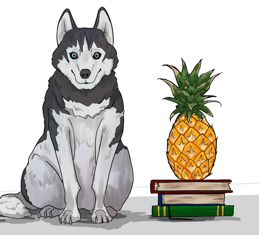 absurd_res ambiguous_gender book canid canine canis claws domestic_dog feral food fruit happy_jolson hi_res husky mammal nordic_sled_dog paws pineapple plant quadruped siberian_husky solo spitz tail