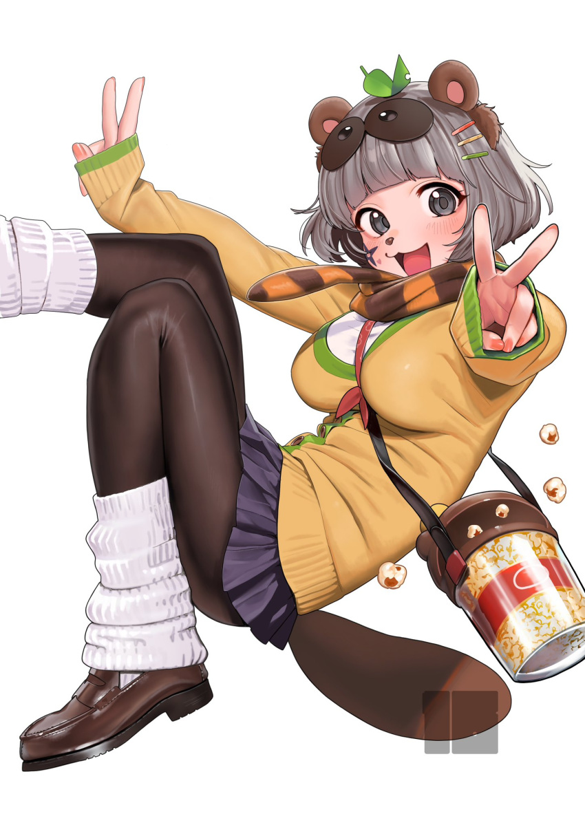 1girl :3 animal_ears black_pantyhose blue_sky blunt_bangs blush breasts brown_footwear double_v food grey_hair hair_ornament hairclip highres large_breasts leaf leaf_on_head leg_warmers loafers long_sleeves looking_at_viewer miniskirt mode_aim nanja open_mouth pantyhose pleated_skirt ponpoko_(vtuber) popcorn raccoon_ears raccoon_girl raccoon_tail shoes short_hair simple_background skirt sky sleeves_past_wrists solo tail v virtual_youtuber white_background