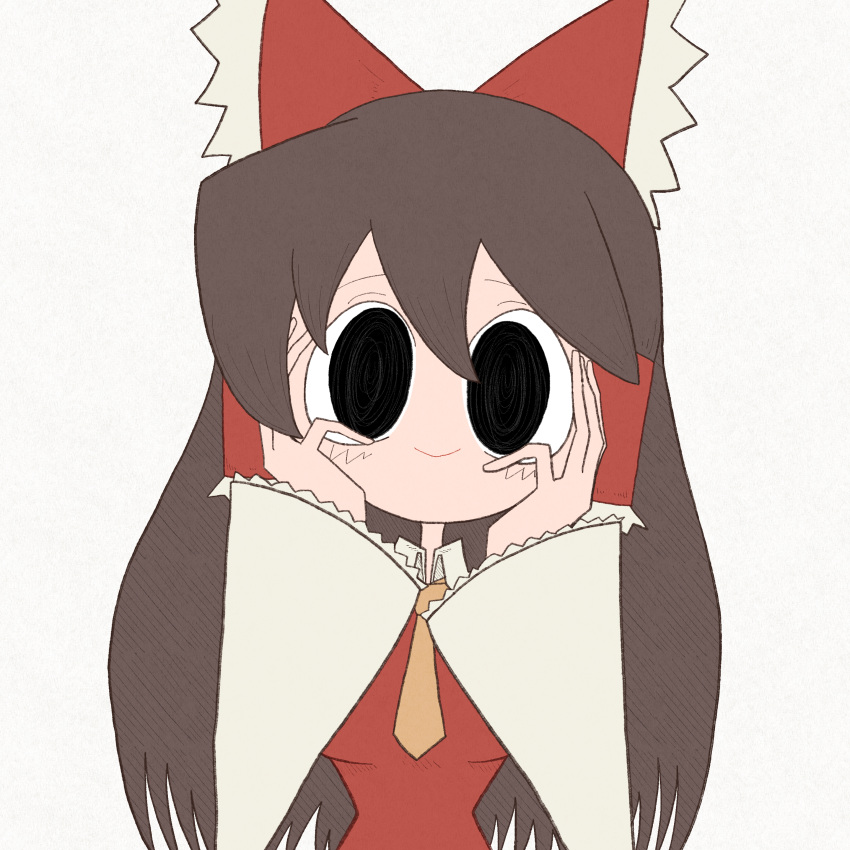 1girl @_@ absurdres black_eyes bow brown_hair closed_mouth collared_shirt commentary_request cookie_(touhou) detached_sleeves empty_eyes flat_color frilled_bow frilled_hair_tubes frills grey_background hair_between_eyes hair_bow hair_tubes hakurei_reimu hands_on_own_cheeks hands_on_own_face hatching_(texture) highres long_hair looking_at_viewer medium_bangs muimui_(4242564muimui) necktie noel_(cookie) red_bow red_shirt shirt sidelocks simple_background smile solo touhou upper_body white_sleeves wide_sleeves yellow_necktie