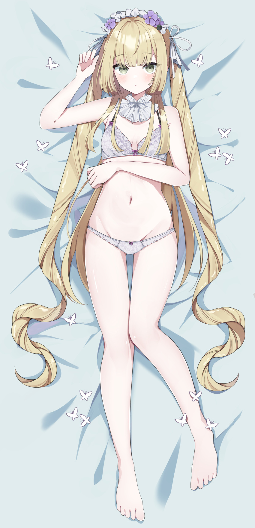 1girl absurdres barefoot bed_sheet blonde_hair blunt_bangs blush bow bow_bra bow_panties bra breasts bug butterfly character_request chunithm cleavage closed_mouth dakimakura_(medium) green_eyes hair_ribbon head_wreath highres lace lace_bra lace_panties long_hair lying murase48 navel on_back on_bed panties ribbon small_breasts solo toes twintails underwear underwear_only white_bra white_panties white_ribbon