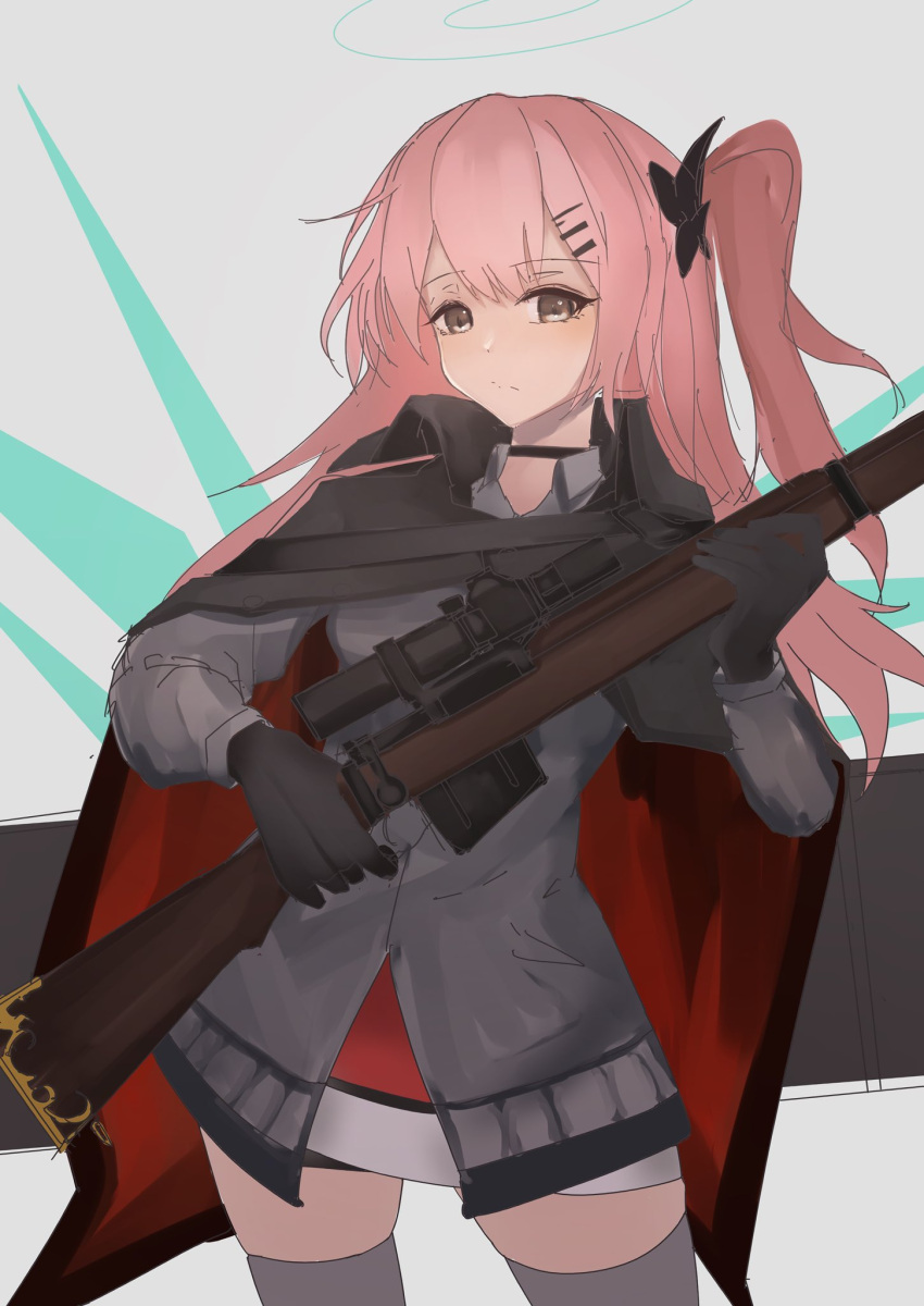 1girl ambriel_(arknights) arknights black_cloak black_gloves brown_eyes cloak closed_mouth collared_shirt commentary_request dress_shirt gloves grey_background grey_shirt grey_thighhighs gun hair_ornament hairclip halo hetare_galm_sue highres holding holding_gun holding_weapon long_hair long_sleeves looking_at_viewer one_side_up pink_hair rifle scope shirt sketch sniper_rifle solo standing thighhighs weapon weapon_request