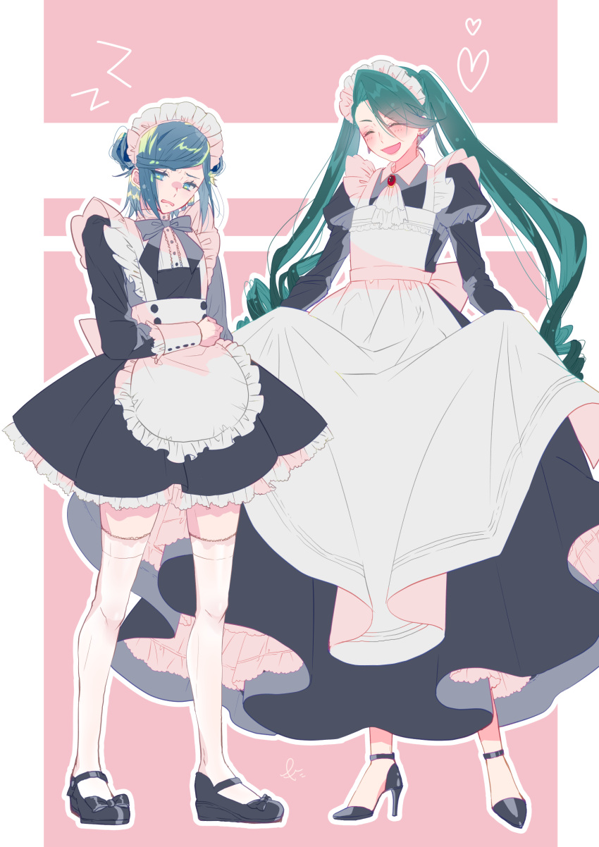 1boy 1girl alternate_hairstyle androgynous apron aqua_eyes aqua_hair black_dress bow bowtie closed_eyes commentary_request crossdressing disgust double_bun dress frilled_dress frills full_body furrowed_brow green_hair grusha_(pokemon) hair_bun happy heart height_difference high_heels highres long_hair maid maid_apron maid_headdress open_mouth otoko_no_ko pink_background pokemon pokemon_sv punta red_brooch rika_(pokemon) skirt_hold standing thighhighs twintails white_apron white_background white_thighhighs zettai_ryouiki