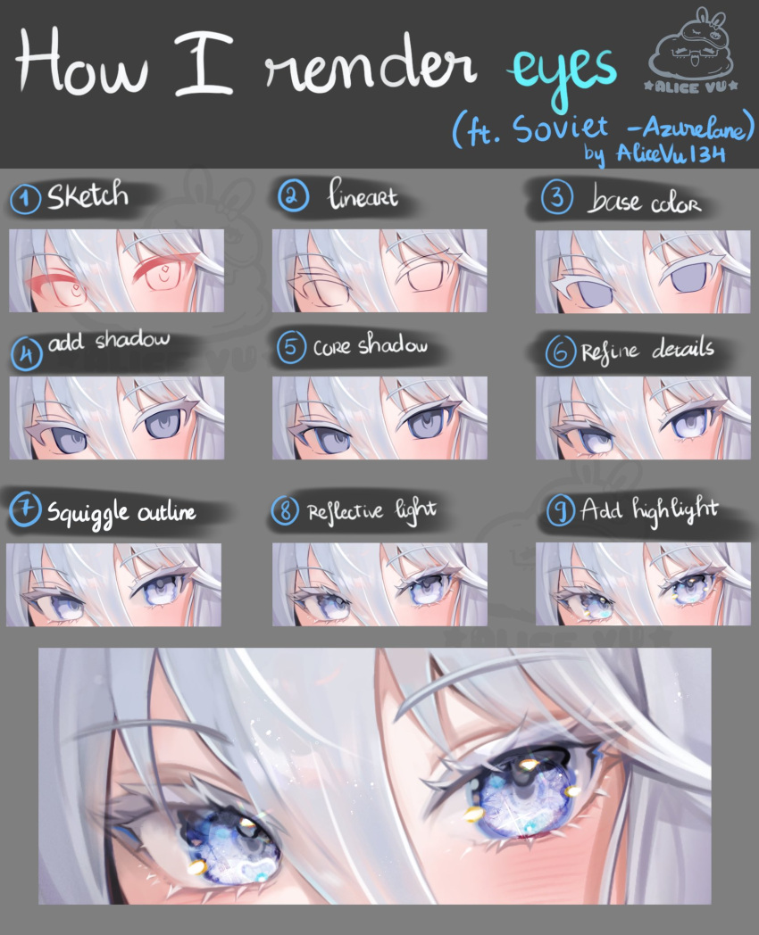 1girl alice_vu artist_name azur_lane blue_eyes blush colored_eyelashes commentary english_commentary english_text highres how_to long_bangs long_hair looking_at_viewer signature solo sovetsky_soyuz_(azur_lane) white_hair