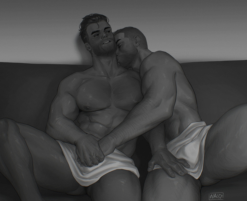 2boys abs absurdres bara call_of_duty call_of_duty:_modern_warfare_2 closed_eyes facial_hair highres kiss kissing_neck kurooxyuroo large_pectorals male_focus multiple_boys muscular muscular_male naked_towel nipples pectorals short_hair sitting smile soap_(modern_warfare_2) towel towel_around_waist very_short_hair victor_1-1_(modern_warfare_2) yaoi