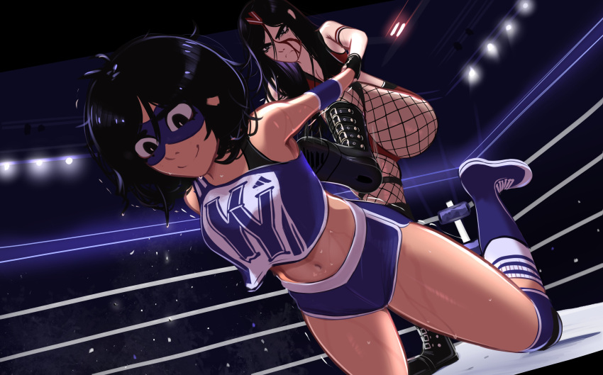 2girls absurdres angry annoyed black_eyes black_footwear black_hair blue_shorts crop_top dolphin_shorts eye_mask fishnet_pantyhose fishnets floating_hair freckles frown hair_ornament hairclip highres holding_another's_arm imminent_stomping kadence_(veyonis) knee_pads kneehighs long_hair looking_at_another loose_clothes loose_shirt messy_hair midriff midriff_peek multiple_girls nervous nervous_smile nervous_sweating off-shoulder_shirt off_shoulder original pantyhose restrained shirt shorts smile socks stadium stomping sweat thighs veyonis wet wrestling wrestling_boots wrestling_outfit wrestling_ring yuna_(veyonis)