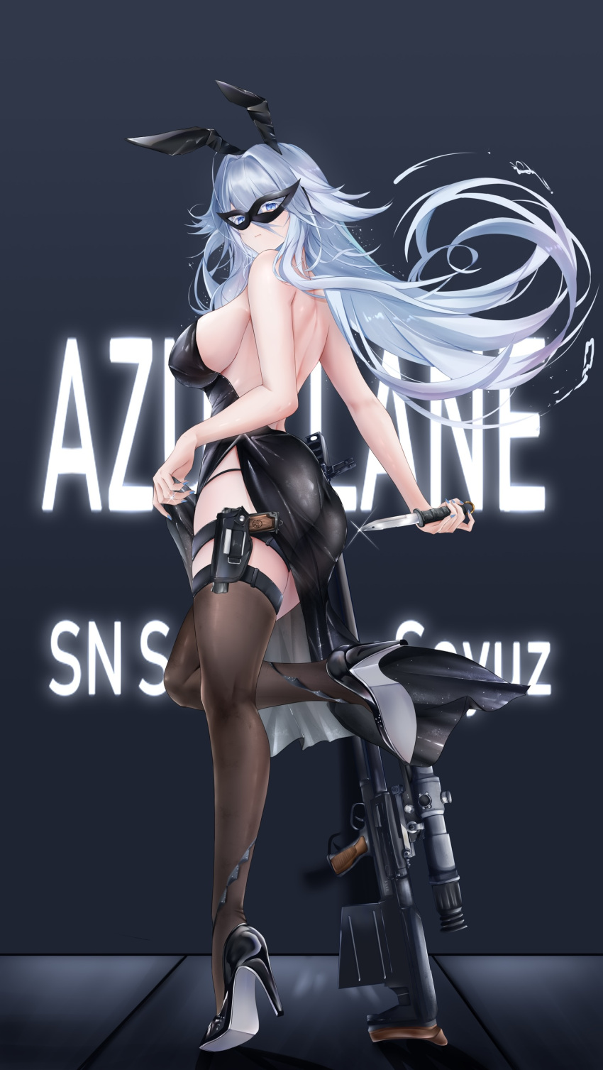 1girl absurdres azur_lane bare_shoulders black_dress breasts cleavage dress gun hair_between_eyes high_heels highres holding holding_gun holding_weapon holster iue_(artist) large_breasts long_hair looking_at_viewer official_alternate_costume side_slit sleeveless sleeveless_dress solo sovetsky_soyuz_(azur_lane) sovetsky_soyuz_(skyfall_agent)_(azur_lane) thigh_holster very_long_hair weapon