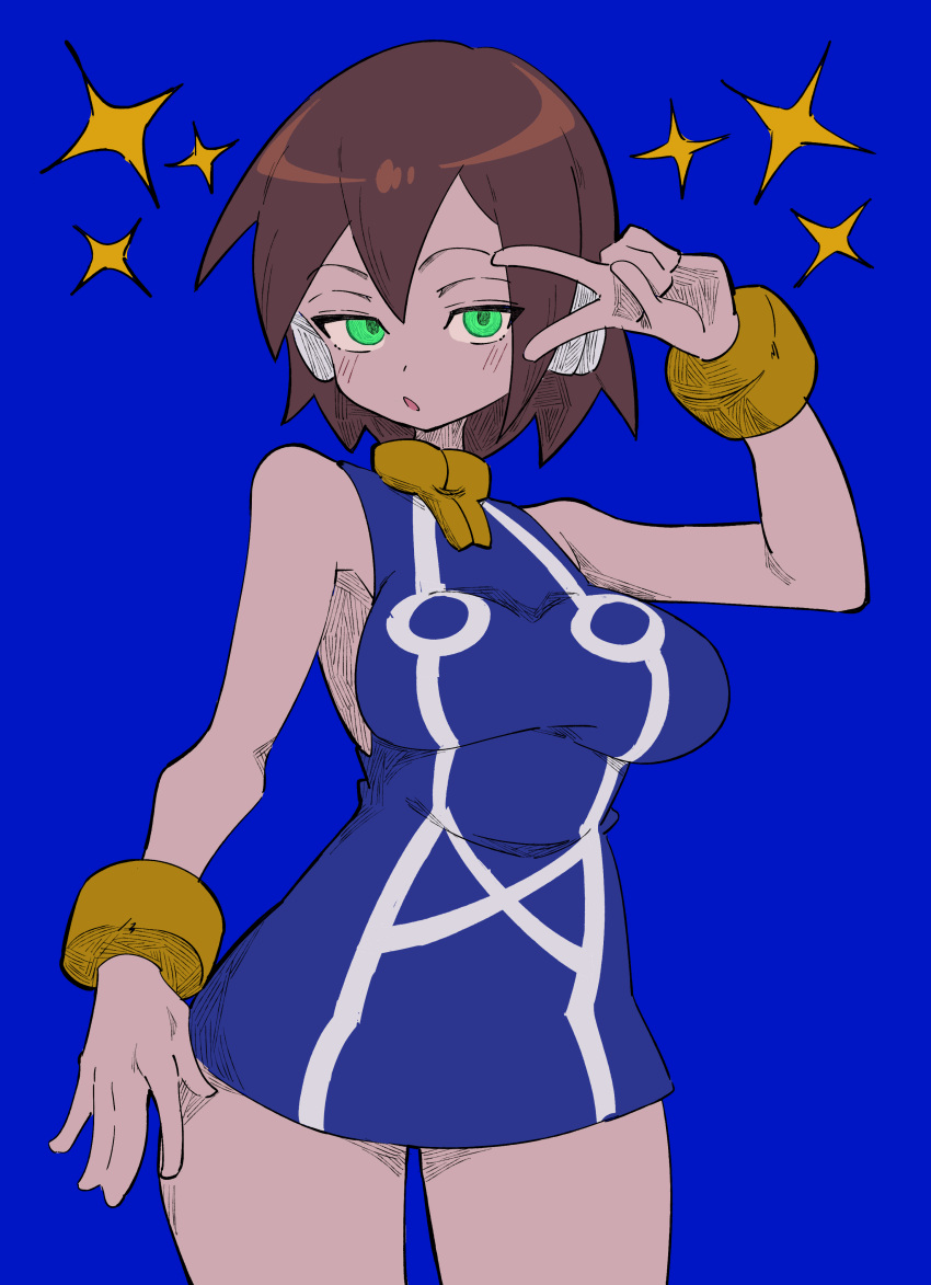 1girl absurdres aile_(mega_man_zx) armpit_crease blue_background blue_dress blush brown_hair buzzlyears cowboy_shot dress green_eyes highres mega_man_(series) mega_man_zx robot_ears short_hair simple_background sleeveless sleeveless_dress solo sparkle v