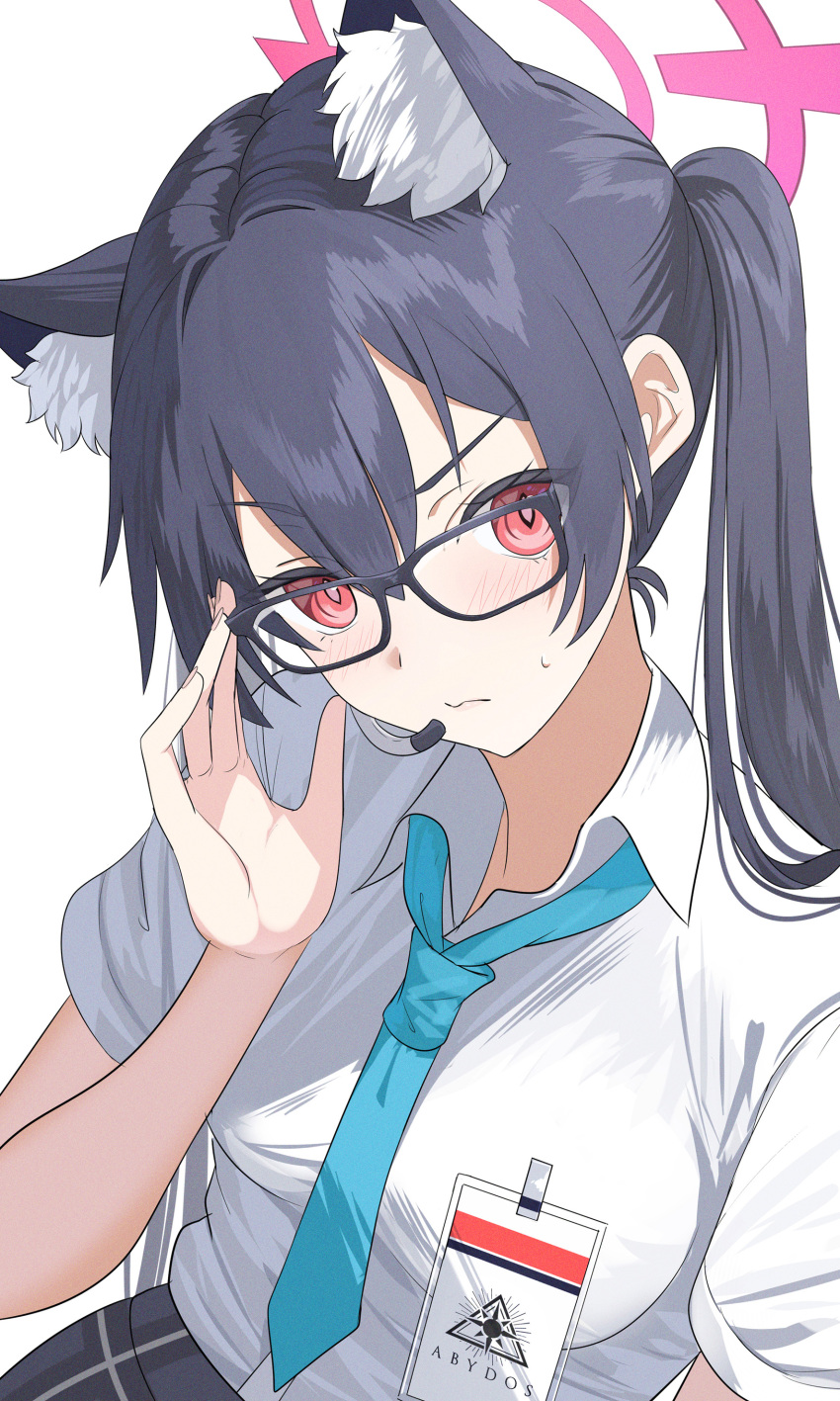 1girl absurdres adjusting_eyewear animal_ear_fluff animal_ears black-framed_eyewear black_hair black_skirt blue_archive blue_necktie blush breasts cat_ears cat_girl closed_mouth collared_shirt glasses hair_between_eyes halo hand_on_eyewear headset highres id_card large_breasts long_hair necktie plaid plaid_skirt red_eyes school_uniform serika_(blue_archive) shirt short_sleeves sidelocks skirt solo sweatdrop sysen twintails upper_body v-shaped_eyebrows