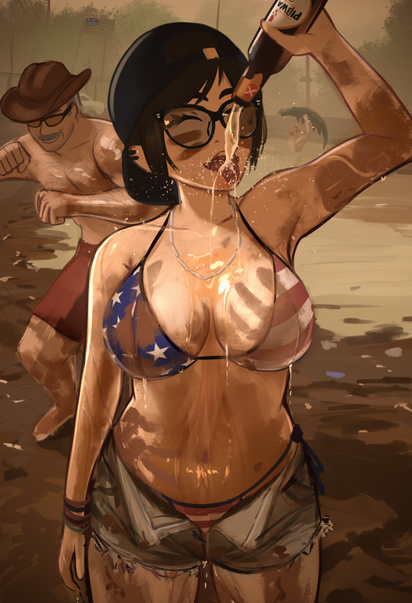 1girl 2boys ^_^ absurdres alcohol alligator american_flag american_flag_bikini backwards_hat baseball_cap beer_bottle belly bikini black_eyes black_hair bottle breasts cleavage closed_eyes cosplay cowboy_hat cowboy_shot crocodilian denim denim_shorts dirty dirty_clothes drunk flag_print glasses grand_theft_auto grand_theft_auto_vi happy hat highres holding holding_bottle incoming_attack incoming_punch mud multiple_boys navel open_fly original pouring pouring_onto_self puddle punching redneck_girl_(gta_vi) redneck_girl_(gta_vi)_(cosplay) short_hair shorts sidelocks standing swimsuit tinted_eyewear tongue tongue_out veyonis wet