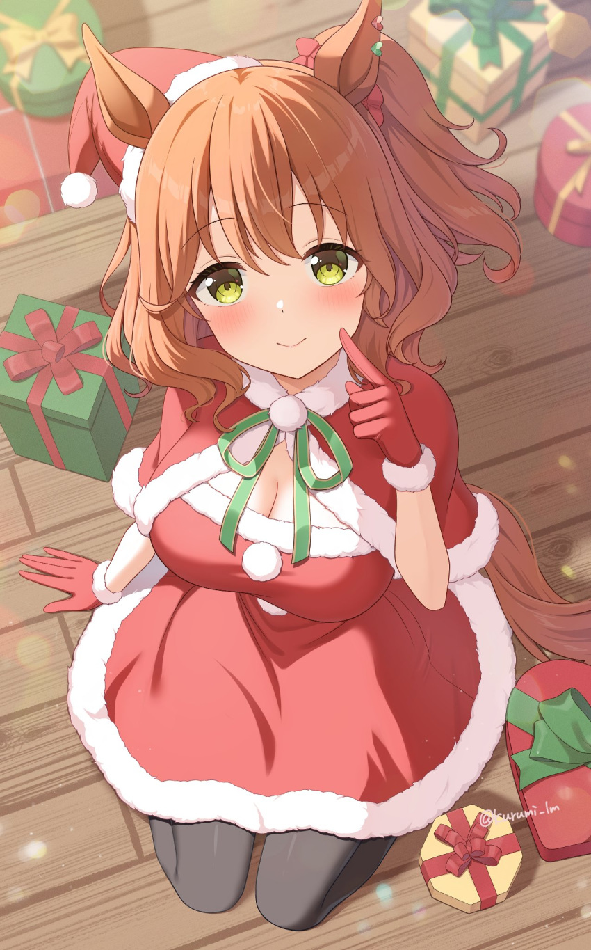 1girl animal_ears arm_at_side black_pantyhose blush box breasts brown_hair capelet character_request christmas cleavage closed_mouth dress foreshortening from_above fur-trimmed_capelet fur-trimmed_dress fur-trimmed_gloves fur_trim gift gift_box gloves green_eyes green_ribbon hat highres horse_ears horse_girl horse_tail indoors kurumi_lm large_breasts long_hair looking_at_viewer neck_ribbon pantyhose pom_pom_(clothes) ponytail red_capelet red_dress red_gloves ribbon santa_hat sitting smile solo tail twitter_username umamusume wariza wooden_floor