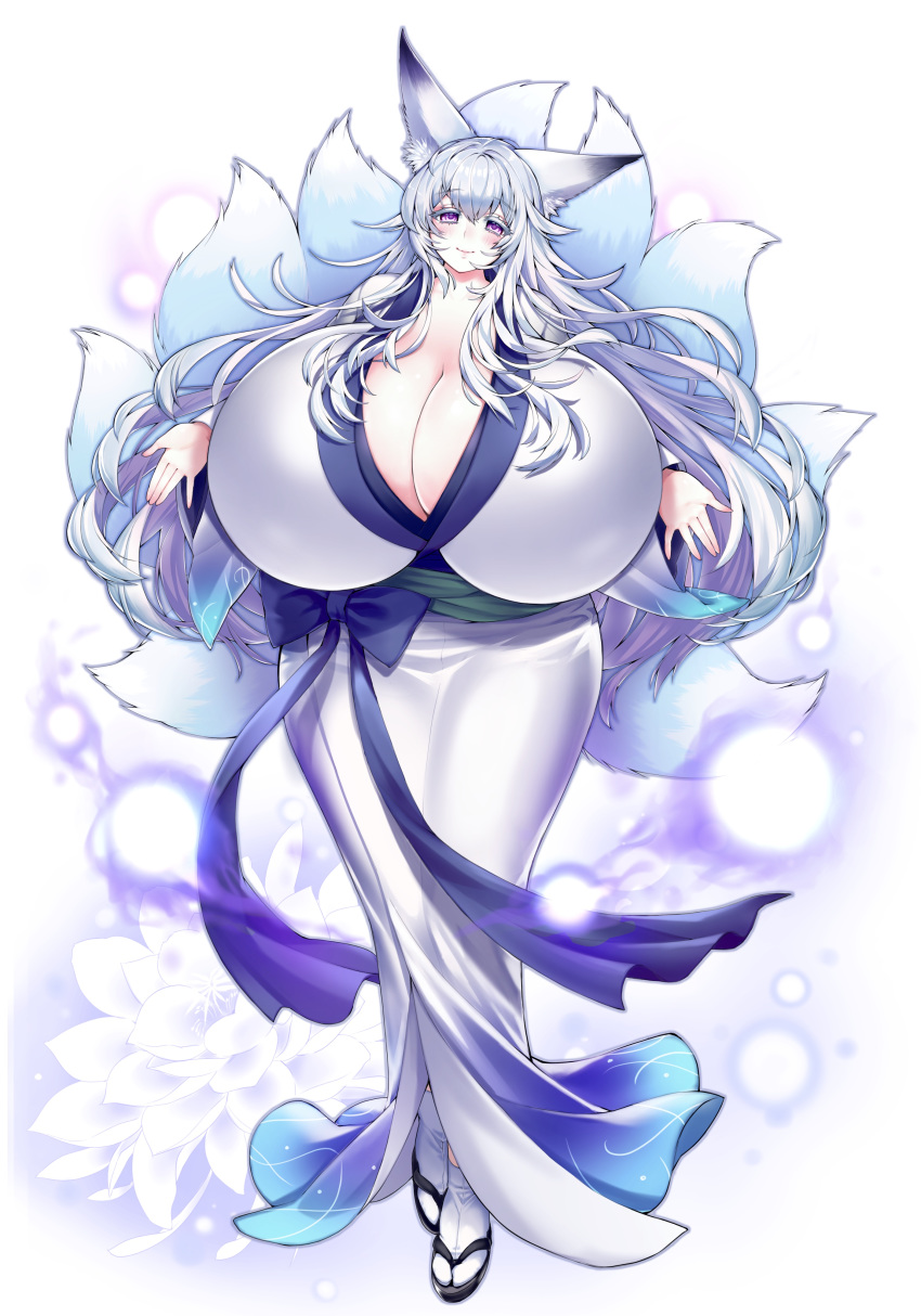 9_tails absurd_res animal_humanoid asian_clothing big_breasts blush breasts canid canid_humanoid canine canine_humanoid cleavage clothed clothing dipstick_ears east_asian_clothing female footwear fox_humanoid fully_clothed hair hi_res huge_breasts humanoid hyper hyper_breasts inner_ear_fluff japanese_clothing kimono legwear light_skin long_hair looking_at_viewer magic mammal mammal_humanoid multi_tail multicolored_ears purple_eyes smile socks solo standing tabi_socks tight_clothing tuft white_hair wide_hips will-o-wisp zōri みやま_を月