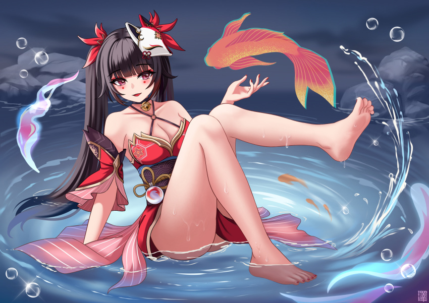 1girl :d absurdres arm_at_side arm_support bare_shoulders barefoot bell black_choker blush bow breasts brown_hair choker cleavage collarbone criss-cross_halter detached_sleeves dress eyeliner feet fish foot_up fox_mask full_body hair_bow halterneck highres honkai:_star_rail honkai_(series) in_water knees_together_feet_apart large_breasts long_hair looking_at_viewer makeup mask mask_on_head nail_polish neck_bell obi open_mouth pink_eyes red_bow red_dress red_eyeliner red_nails red_sleeves rock sash short_dress short_sleeves sidelocks sleeveless sleeveless_dress smile soles solo sparkle_(honkai:_star_rail) thighs toenail_polish toenails toes twintails water_drop wet zekong_pioneer