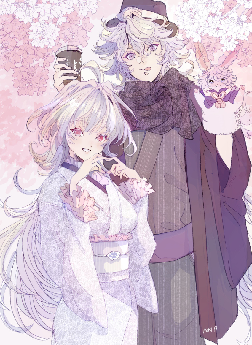 1boy 1girl :q absurdres ahoge alternate_costume black_headwear black_scarf branch cherry_blossoms cowboy_shot cup disposable_cup fate/grand_order fate_(series) floral_print flower fou_(fate) frilled_sleeves frills grey_kimono hair_between_eyes hand_puppet hands_up haori hat highres holding holding_cup japanese_clothes kimono kinnoashihara long_hair long_sleeves looking_at_viewer merlin_(fate) merlin_(fate/prototype) obi obiage obidome obijime outdoors parted_lips print_kimono print_scarf puppet purple_eyes red_eyes sash scarf signature smile spring_(season) striped_clothes striped_kimono tongue tongue_out vertical-striped_clothes vertical-striped_kimono white_hair white_kimono wide_sleeves