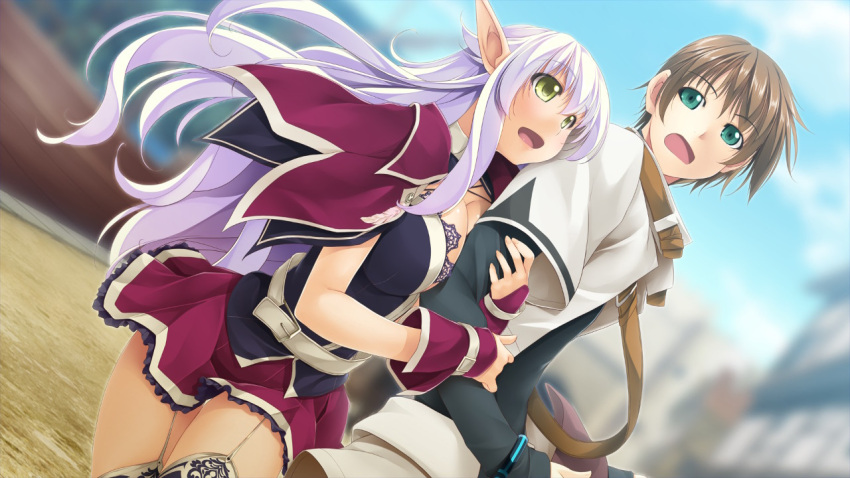 1boy 1girl alto_travers atelier-moo belt breasts brown_hair cleavage cowboy_shot crossed_arms dark_elf elf green_eyes hair_between_eyes large_breasts long_hair long_pointy_ears long_sleeves miniskirt narrow_waist open_mouth pointy_ears purple_hair short_hair silvia_milsteen skirt smile standing thighs town very_long_hair wizards_symphony yellow_eyes zettai_ryouiki