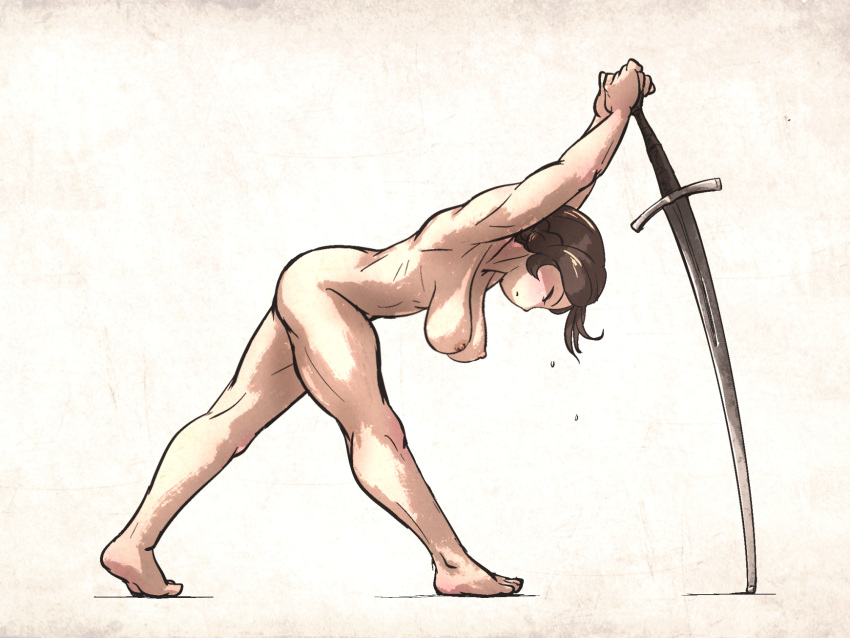 1girl ass barefoot breasts brown_hair character_request closed_eyes closed_mouth completely_nude english_commentary from_side full_body hanging_breasts highres holding holding_sword holding_weapon ironlily large_breasts leaning_forward nipples nude original planted planted_sword short_hair simple_background solo standing stretching sword thighs weapon white_background