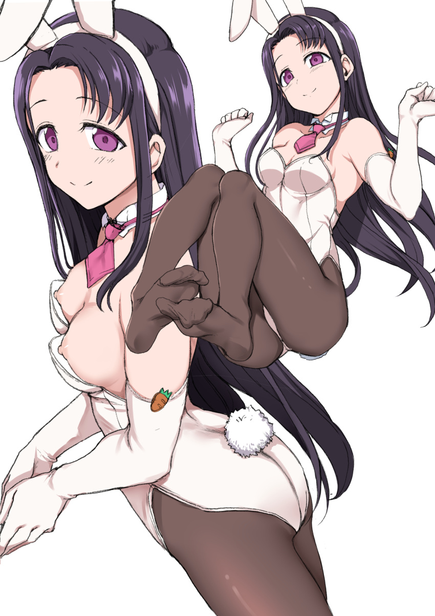 1girl aiue_oka animal_ears ass black_hair blush breasts breasts_out brown_pantyhose cleavage closed_mouth commentary detached_collar elbow_gloves fake_animal_ears fake_tail forehead full_body gloves highres legs_together leotard long_hair looking_at_viewer medium_breasts multiple_views necktie nipples no_shoes pantyhose parted_bangs pink_necktie playboy_bunny purple_eyes rabbit_ears rabbit_tail saimin_seishidou sakagami_akino short_necktie sidelocks simple_background sitting smile standing straight_hair tail white_background white_gloves white_leotard