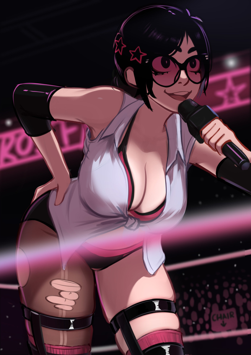 1girl absurdres black_eyes black_hair breasts cleavage crowd elbow_sleeve glasses hair_ornament hanging_breasts highres holding holding_microphone large_breasts leaning_forward microphone original pantyhose pink-tinted_eyewear pink_thighhighs ponytail rosen_(veyonis) shirt single_leg_pantyhose skindentation sleeveless sleeveless_shirt talking thighhighs tied_shirt tinted_eyewear torn_clothes torn_pantyhose veyonis wrestling wrestling_outfit wrestling_ring