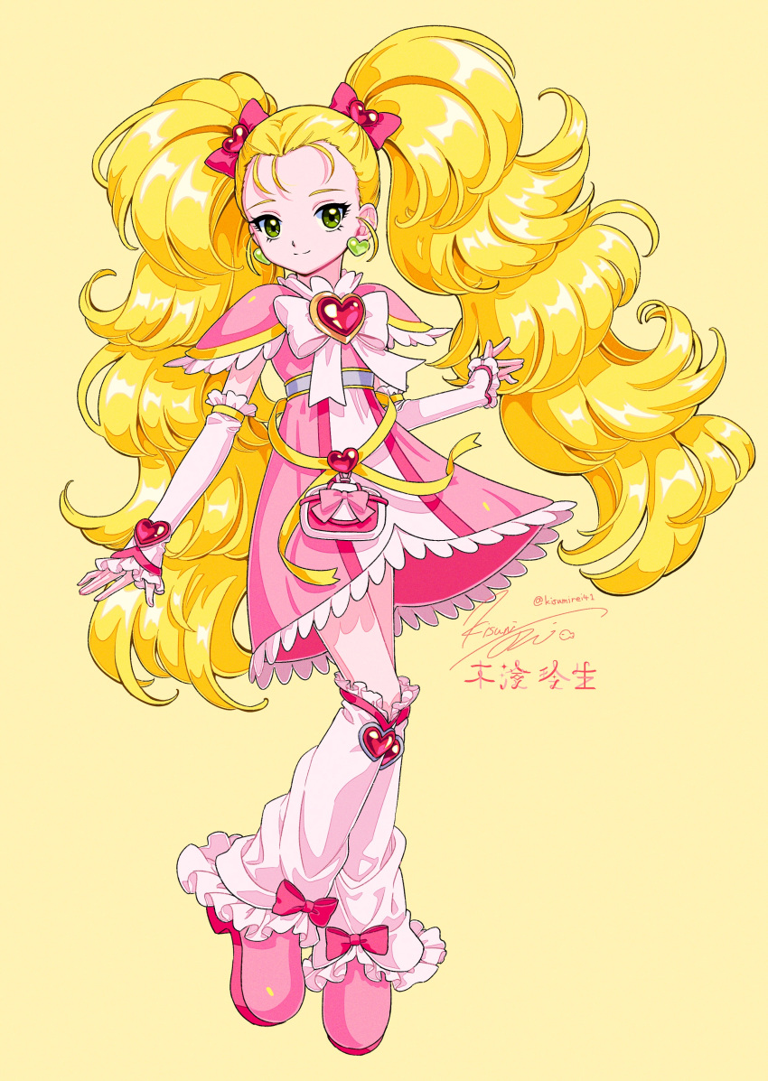 1girl absurdres big_hair blonde_hair boots bow chest_bow detached_sleeves dress earrings frilled_boots frilled_dress frills full_body futari_wa_precure futari_wa_precure_max_heart heart heart_earrings highres jewelry kisumi_rei kujou_hikari long_hair magical_girl pink_dress pink_footwear pouch precure shiny_luminous signature solo twintails yellow_background yellow_eyes