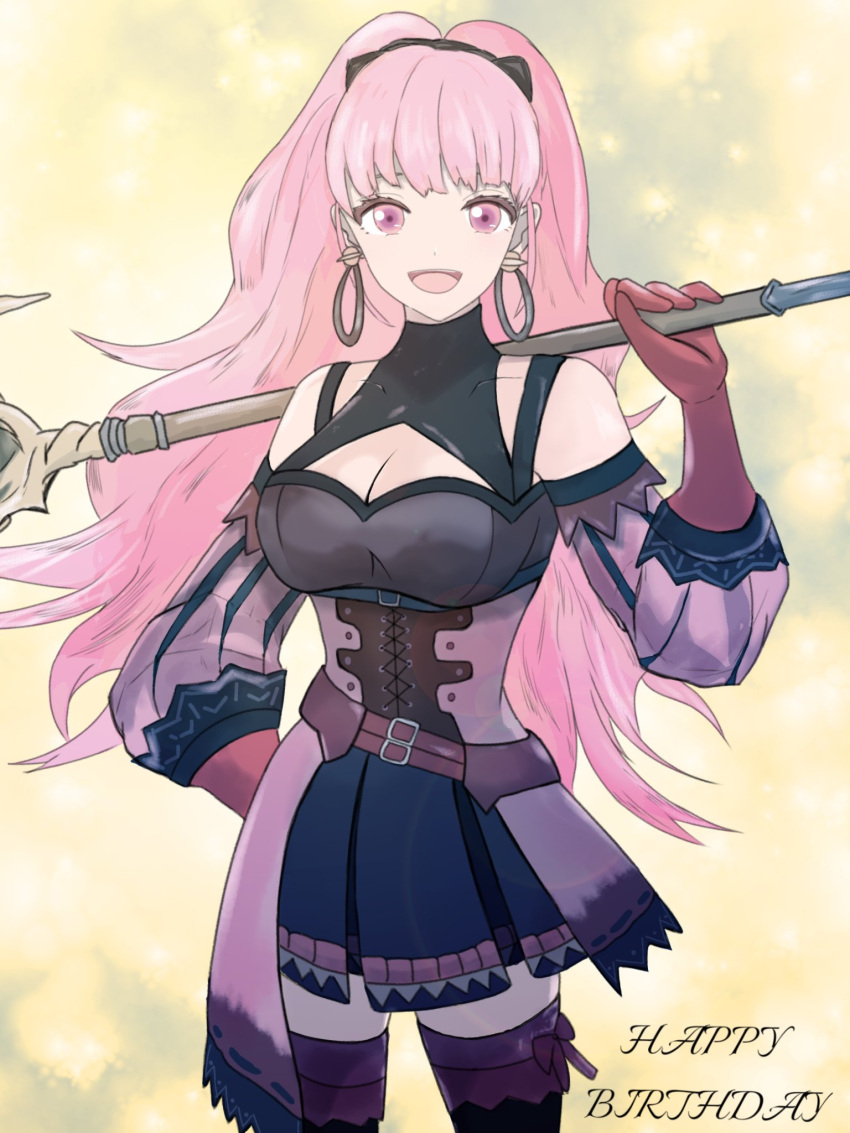 1girl axe blunt_bangs breasts cleavage earrings fire_emblem fire_emblem:_three_houses freikugel_(weapon) happy_birthday highres hilda_valentine_goneril holding holding_axe hoop_earrings jewelry large_breasts long_hair matchanosuke_fe pink_eyes pink_hair solo twintails