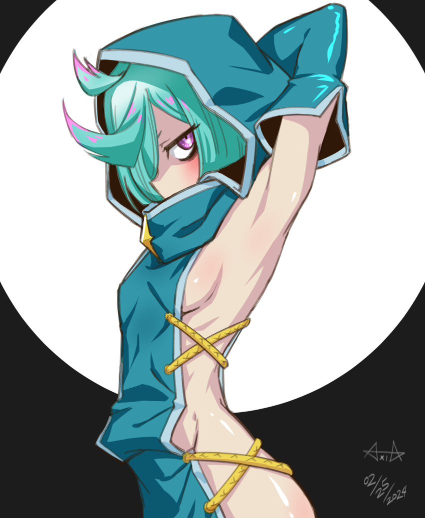 1girl absurdres anemo_nemo aqua_hair armpits arms_up axia-chan blush breasts elbow_gloves gloves hair_over_one_eye highres hood hood_up leberblume looking_at_viewer mahou_shoujo_ni_akogarete no_panties pink_eyes shiny_skin sideboob sideless_outfit small_breasts solo standing upper_body very_long_sleeves