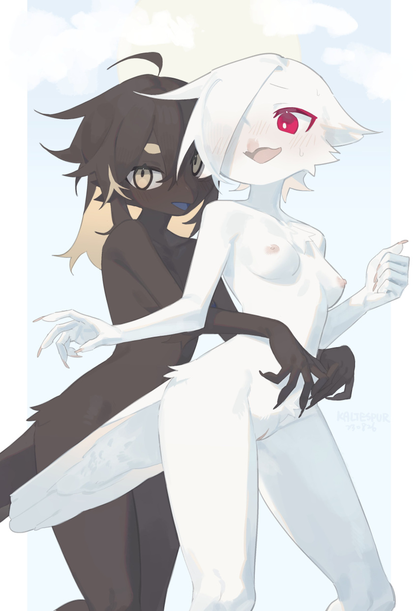 absurd_res anthro areola avian beak biped black_body blush breasts duo female fur genitals hi_res kaltespur nipples nude pink_eyes pussy small_breasts text url white_body white_fur yellow_eyes