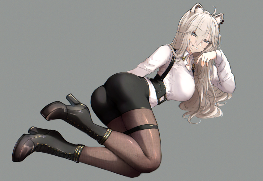 1girl ahoge animal_ear_piercing animal_ears ass black_footwear black_shorts boots breasts chest_harness collared_shirt commentary_request dress_shirt from_side grey_background grey_eyes grey_hair grin hair_between_eyes hair_flaps harness high_heel_boots high_heels highres hololive large_breasts light_blush lion_ears lion_girl long_hair long_sleeves looking_at_viewer official_alternate_costume official_alternate_hairstyle pantyhose platform_boots platform_footwear shirt shishiro_botan shishiro_botan_(button-down) shorts simple_background smile solo thigh_strap underbust virtual_youtuber white_shirt zexalmike