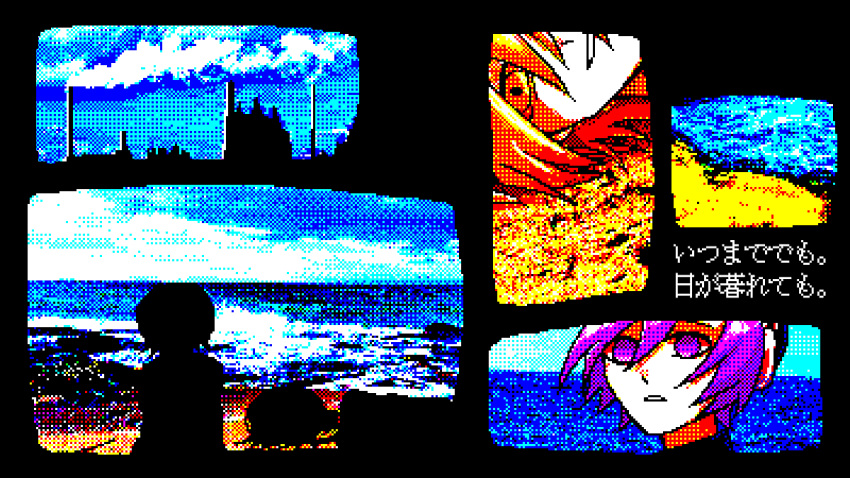 2girls a.i._voice adachi_rei beach beret blue_sky collage day dithering expressionless factory floating_hair grin half-closed_eyes hat kikaijima_(utau) lying lyrics multiple_girls ocean on_side orange_eyes orange_hair outdoors parted_lips purple_eyes purple_hair sakitako side-by-side silhouette sitting sky smile smoke smokestack translation_request utane_uta utau waves