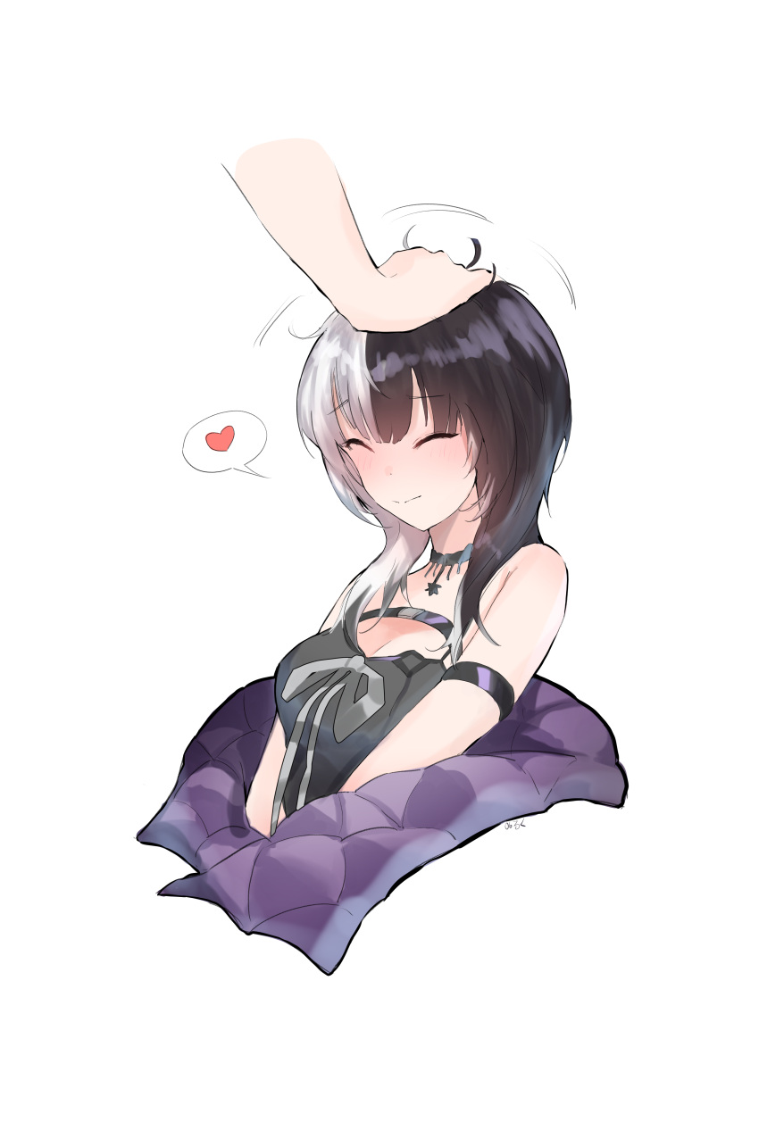 1girl ^_^ absurdres arm_strap bare_shoulders black_coat black_hair blunt_bangs blush chest_belt chest_strap choker closed_eyes closed_mouth coat disembodied_limb dress hair_between_eyes hand_on_another's_head headpat heart highres hololive hololive_english kurochanai lace-trimmed_choker lace_trim long_hair multicolored_hair off-shoulder_dress off_shoulder open_clothes open_coat out_of_frame shiori_novella shiori_novella_(1st_costume) simple_background sleeveless sleeveless_dress smile solo speech_bubble split-color_hair two-tone_hair virtual_youtuber white_background white_hair